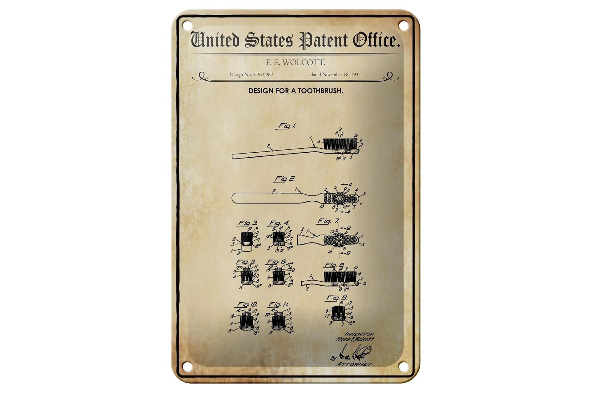 Blechschild Patent 12x18 cm Entwurf für eine Zahnbürste Deko Schild