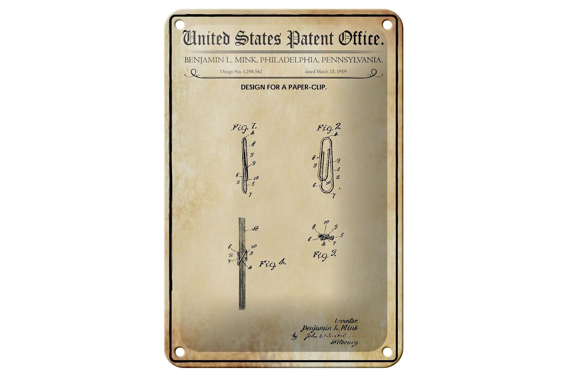 Blechschild Patent 12x18 cm Entwurf für eine Büroklammer Deko Schild