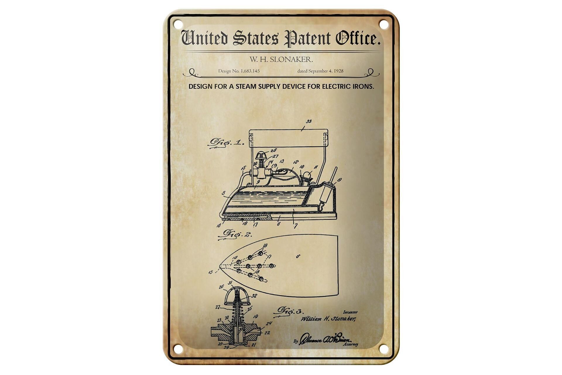 Blechschild Patent 12x18 cm Entwurf für ein elektrisches Bügeleisen Deko Schild