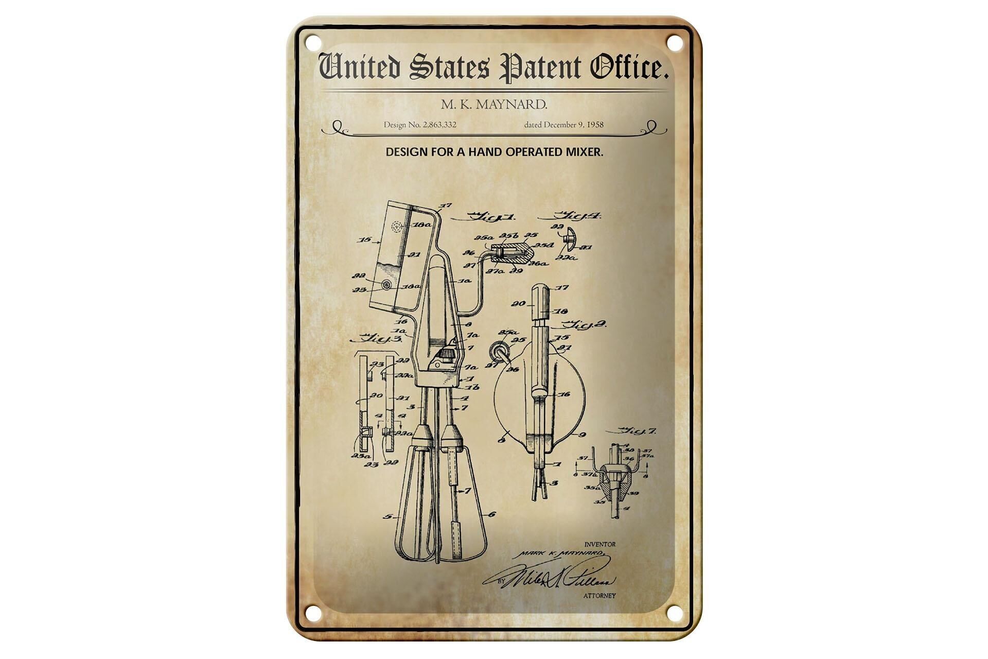 Blechschild Patent 12x18 cm Entwurf für einen Handmixer Deko Schild