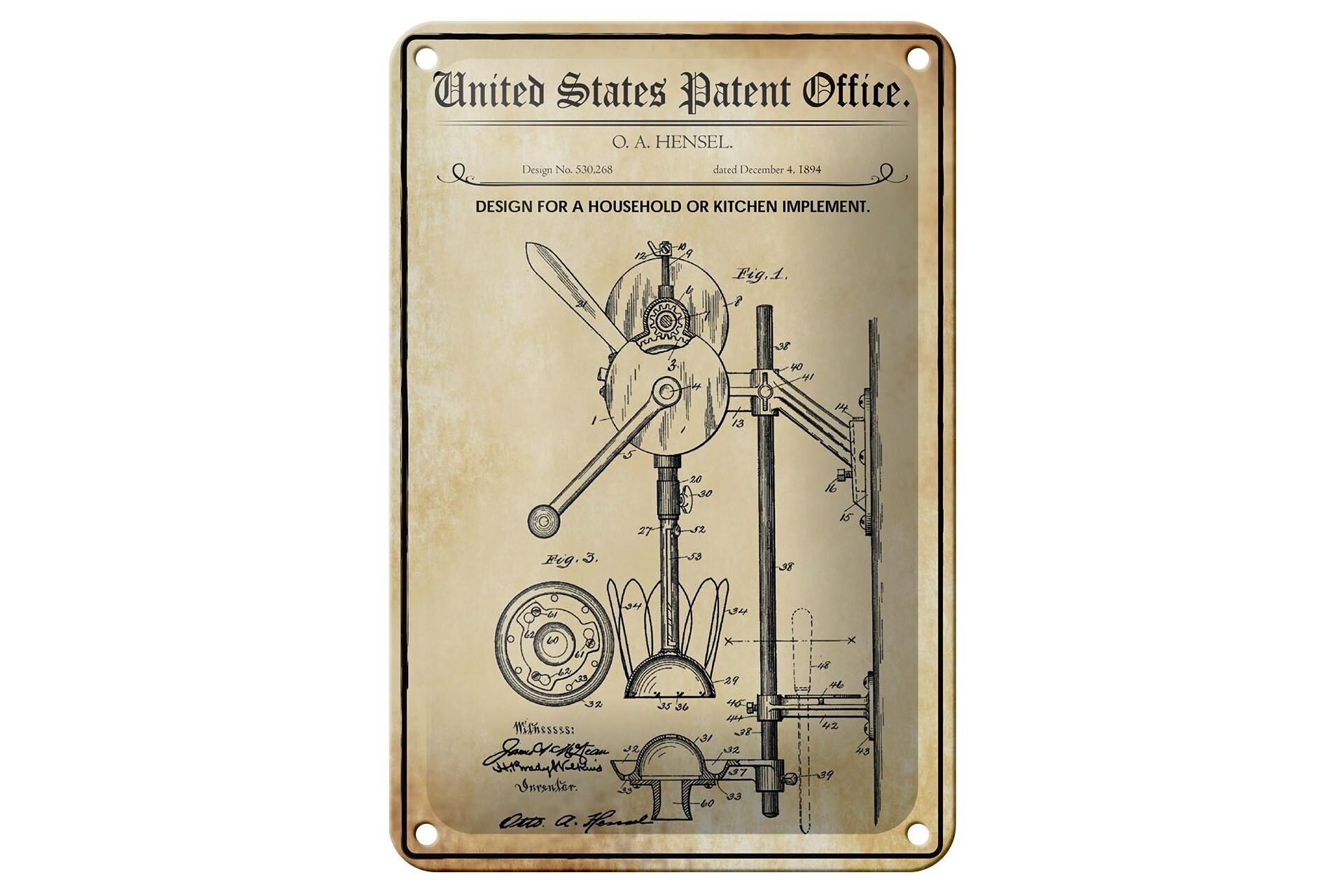 Blechschild Patent 12x18 cm Entwurf für ein Küchengerät Deko Schild
