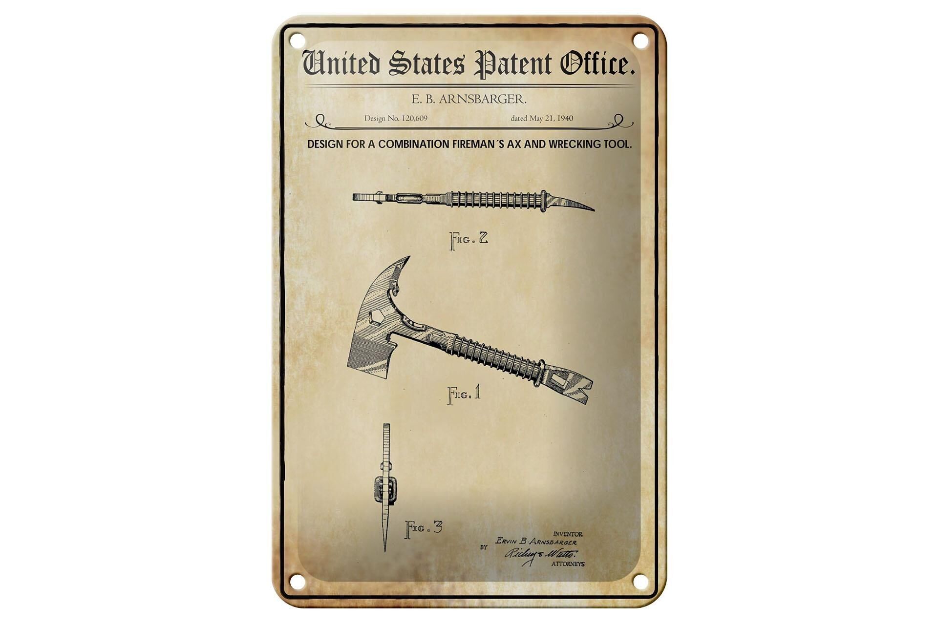 Blechschild Patent 12x18 cm Entwurf für eine Feuerwehr-Axt Deko Schild