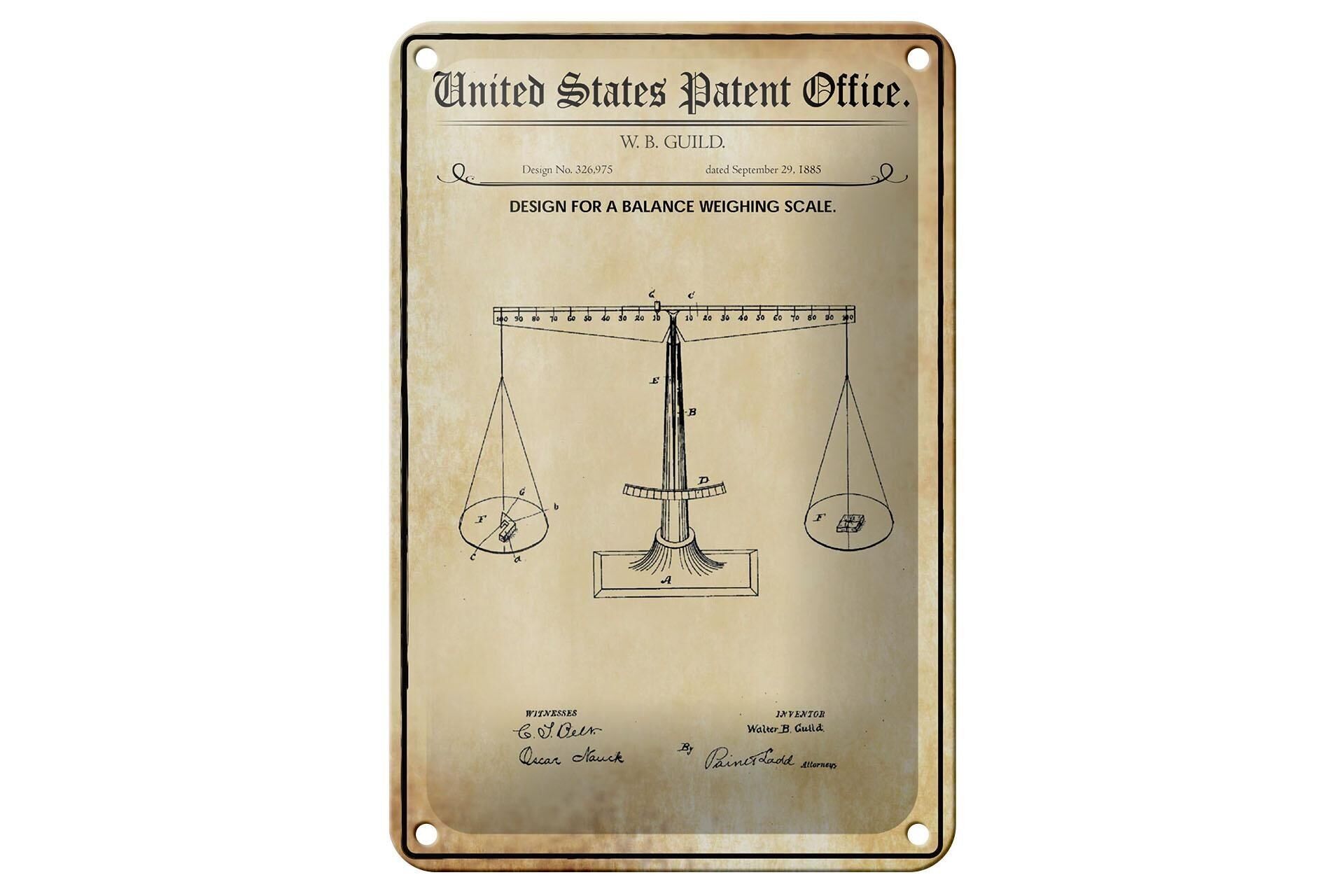 Blechschild Patent 12x18 cm Entwurf für eine Verkaufs-Waage Deko Schild