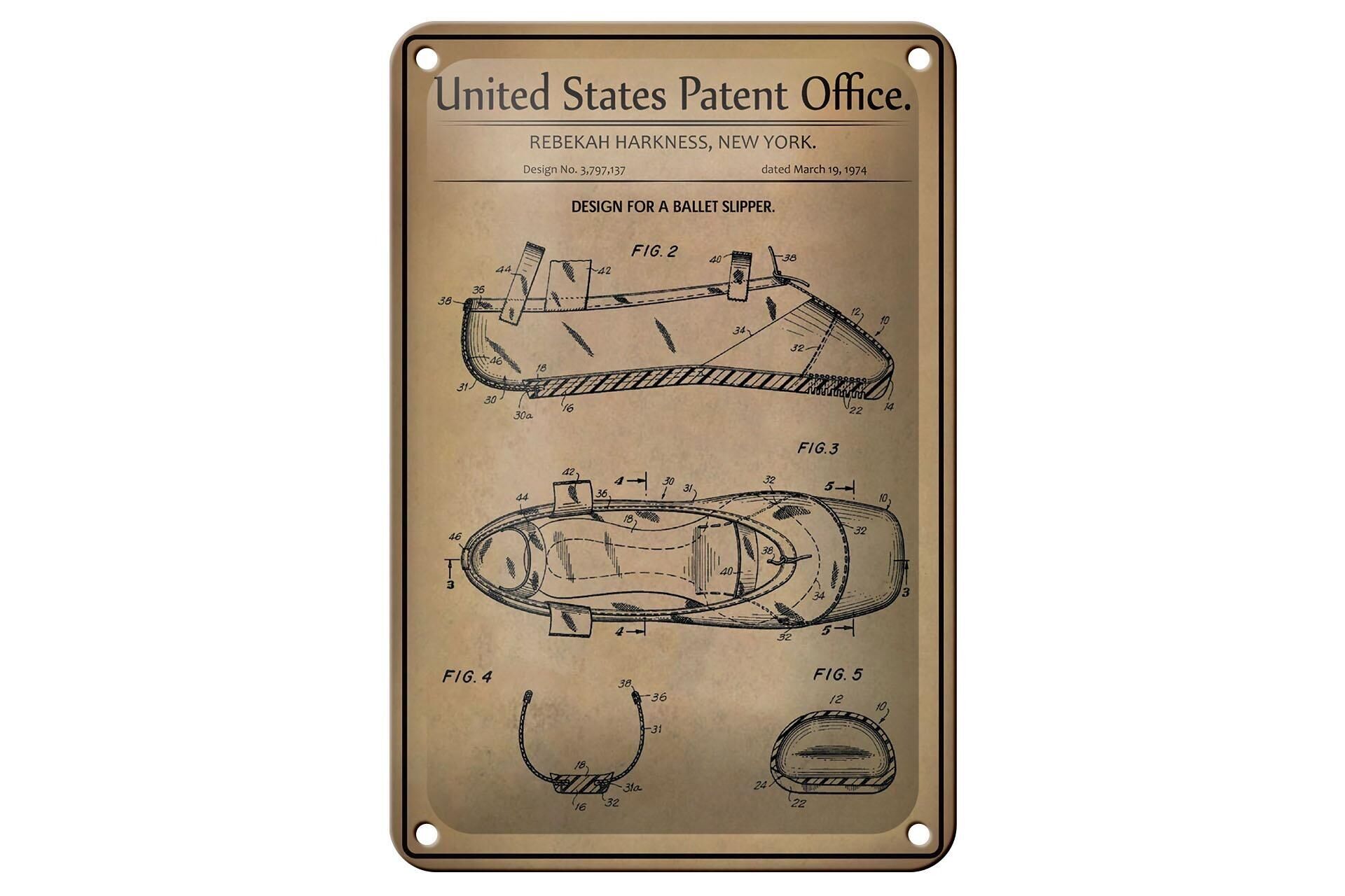 Blechschild Patent 12x18 cm Entwurf für einen Ballettschuh Deko Schild