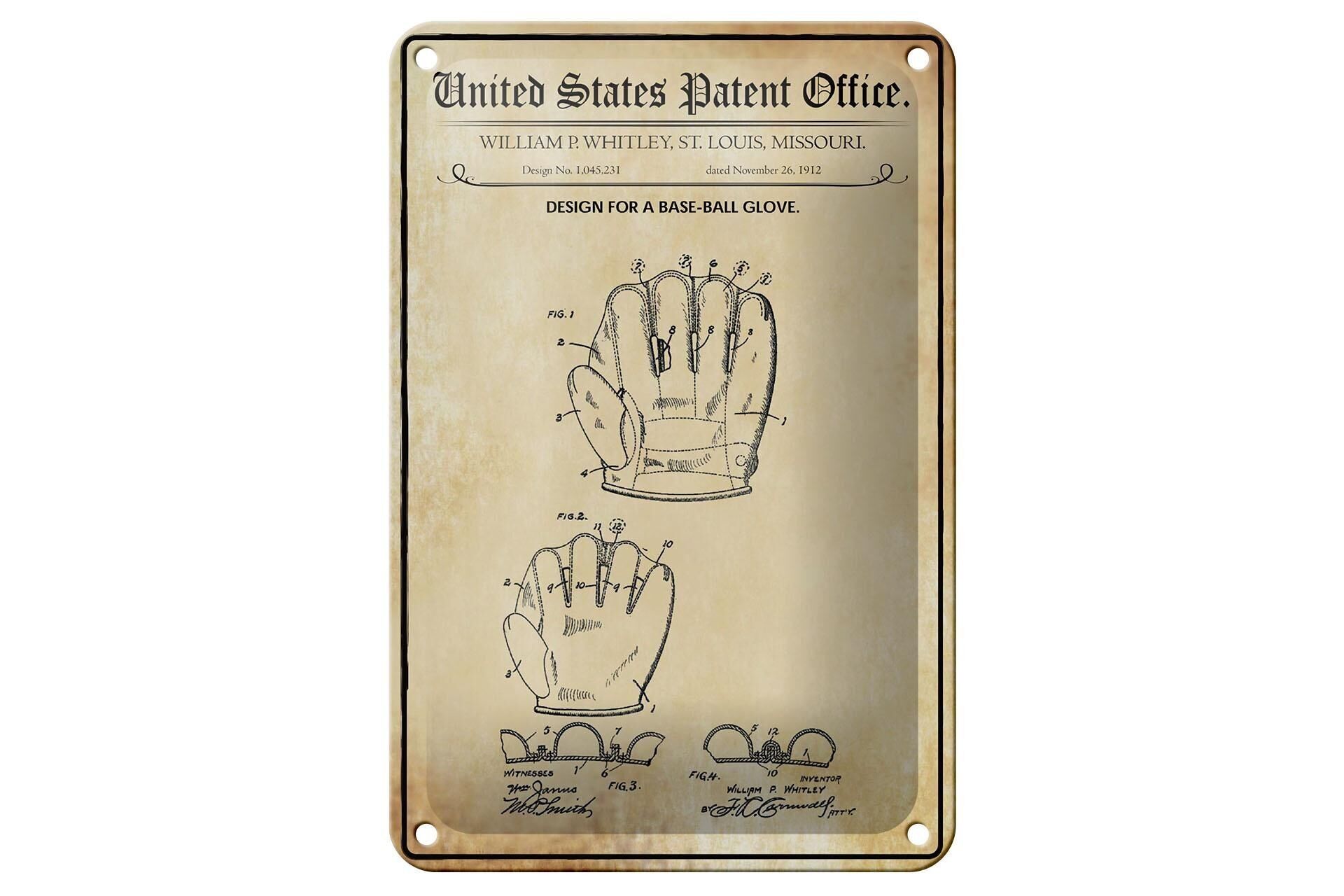 Blechschild Patent 12x18 cm Entwurf für einen Baseball-Handschuh Deko Schild