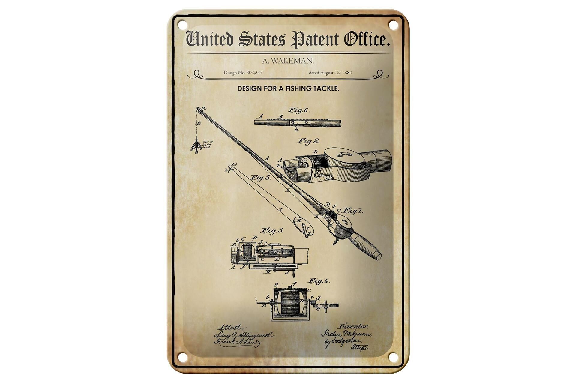 Blechschild Patent 12x18 cm Entwurf für eine Angelrute Deko Schild