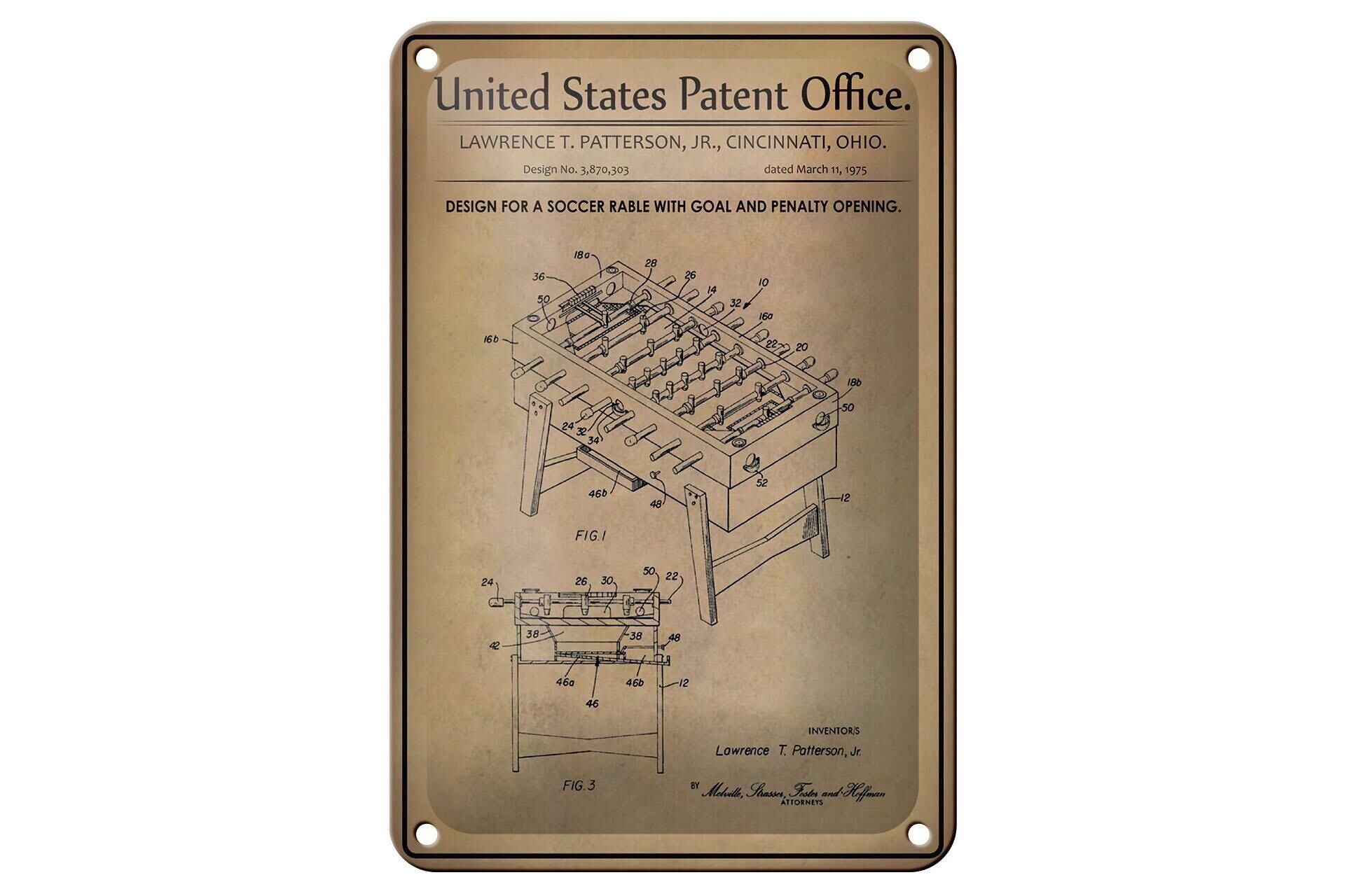 Blechschild Patent 12x18 cm Entwurf für einen Tisch-Fußball Deko Schild
