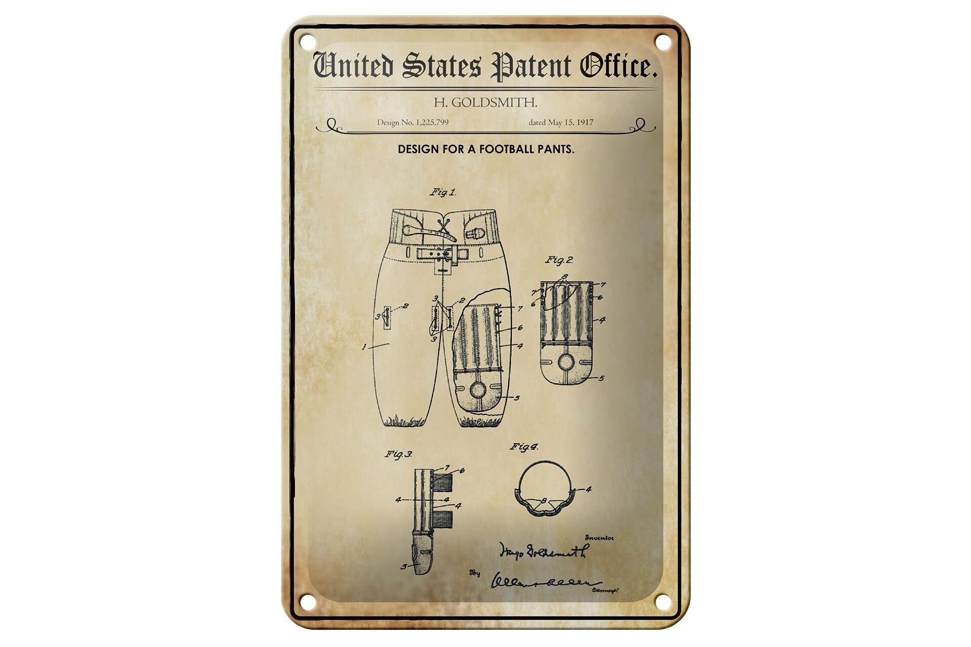 Blechschild Patent 12x18 cm Entwurf für eine Football-Hose Deko Schild