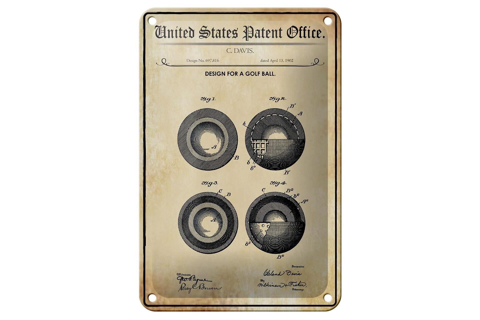 Blechschild Patent 12x18 cm Entwurf für einen Golfball 2 Deko Schild