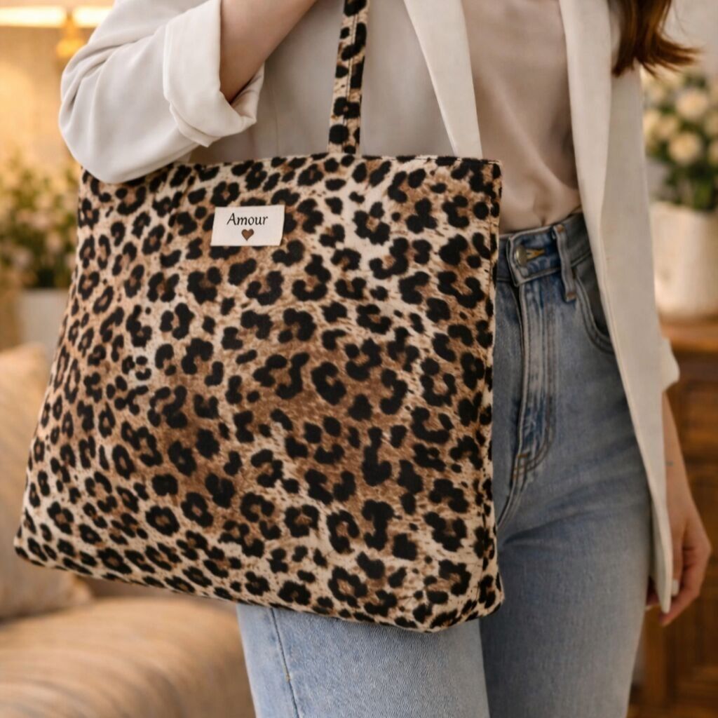 Tote bag motif léopard en coton avec message AMOUR