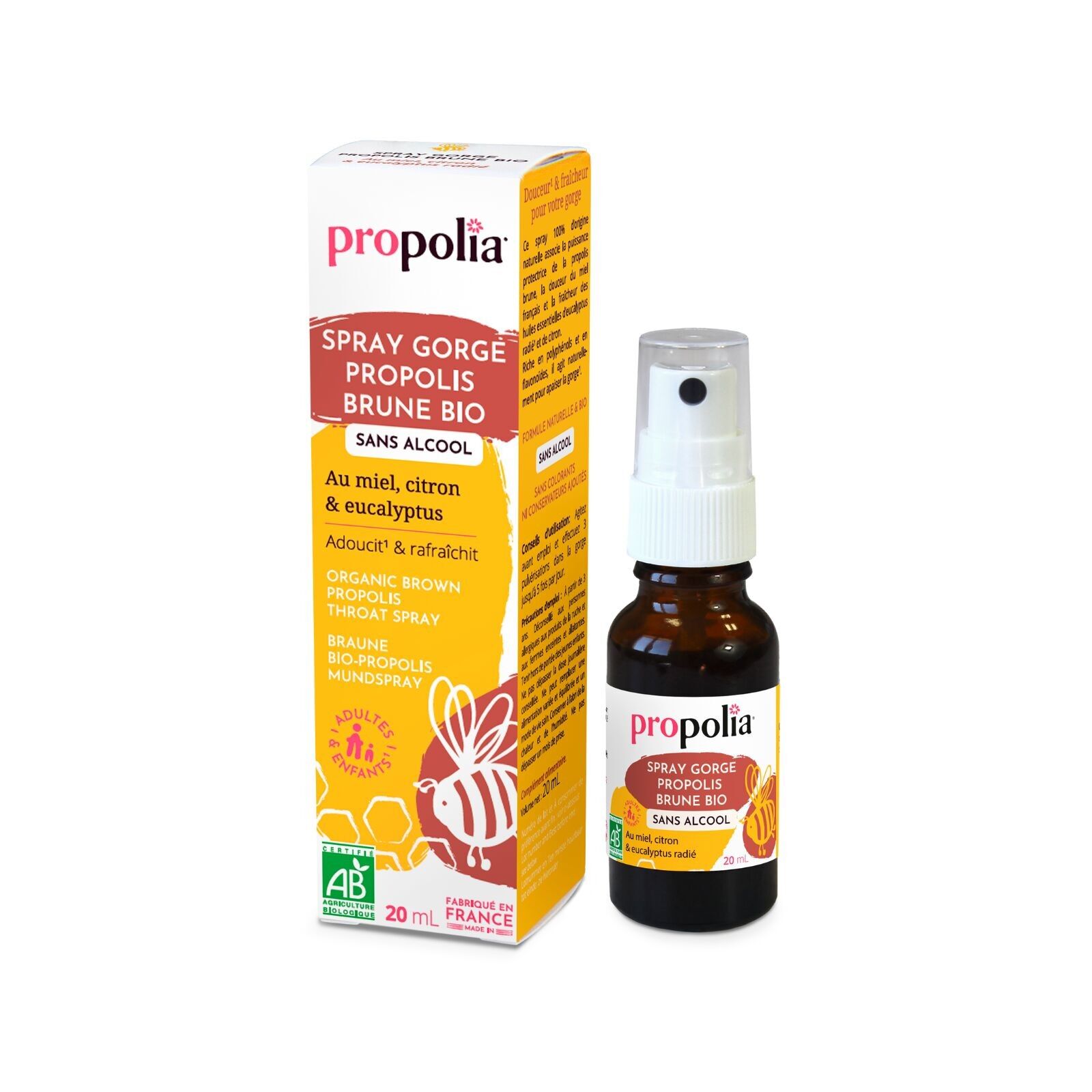 PROPOLIA - Organic - Brown Propolis Throat Spray - Alcohol-Free - Honey, Lemon and Eucalyptus Radiata - Soothes the throat - From 3 years old - 100% natural - Food supplement - Made in France - 20 ml