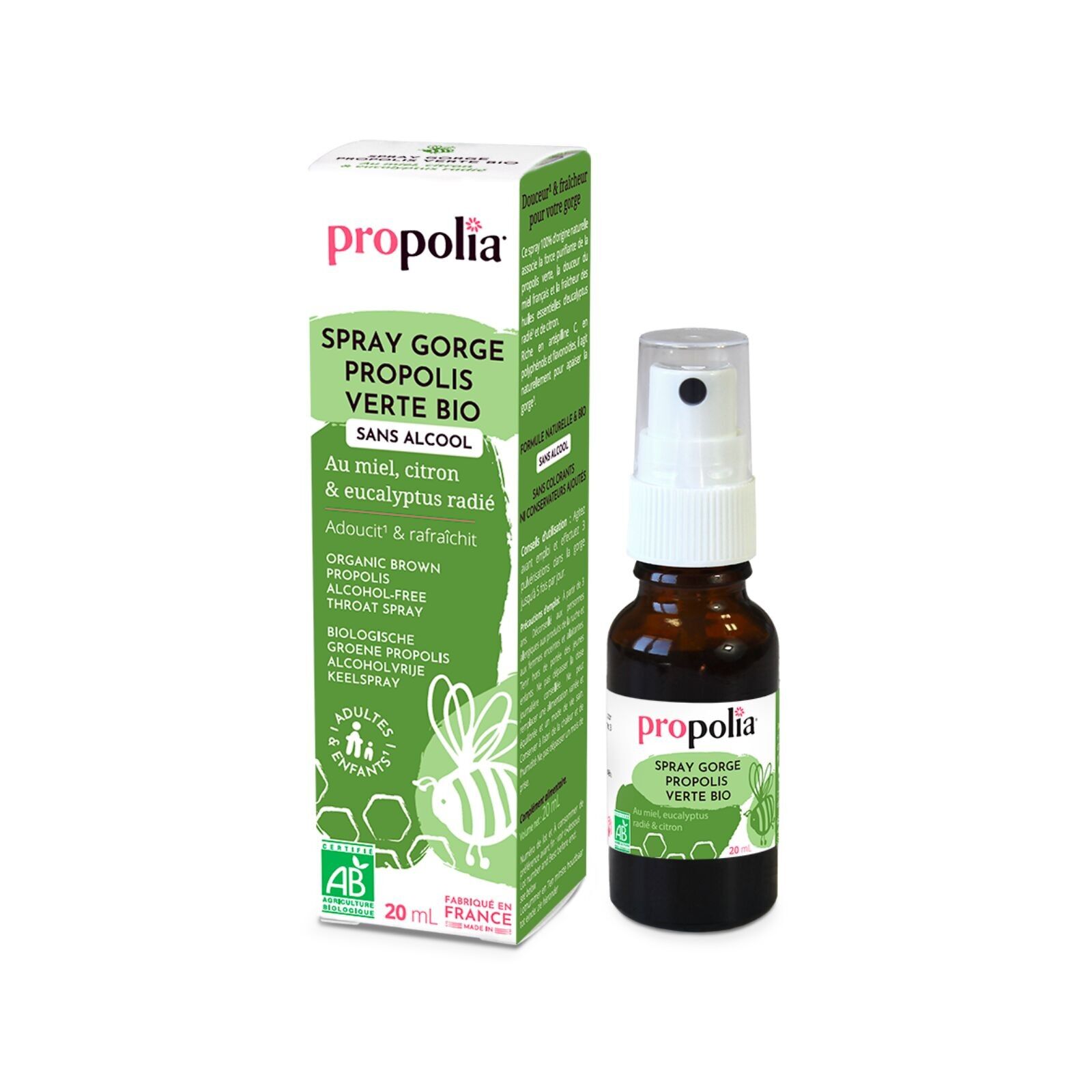 PROPOLIA - Organic - Green Propolis Throat Spray - Alcohol-Free - Honey, Lemon and Eucalyptus Radiata - Soothes the throat - From 3 years old - 100% natural - Food supplement - Made in France - 20 ml