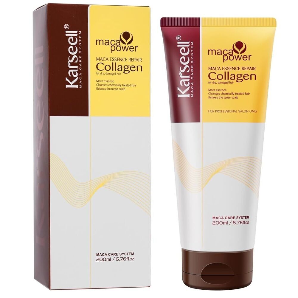 Maschera per capelli KARSEELL con collagene, olio di cocco, olio di argan e maca - Riparazione profonda, idratazione intensa, anti-crespo, per capelli secchi e danneggiati, lucentezza intensa, formato da viaggio professionale, 200 ml