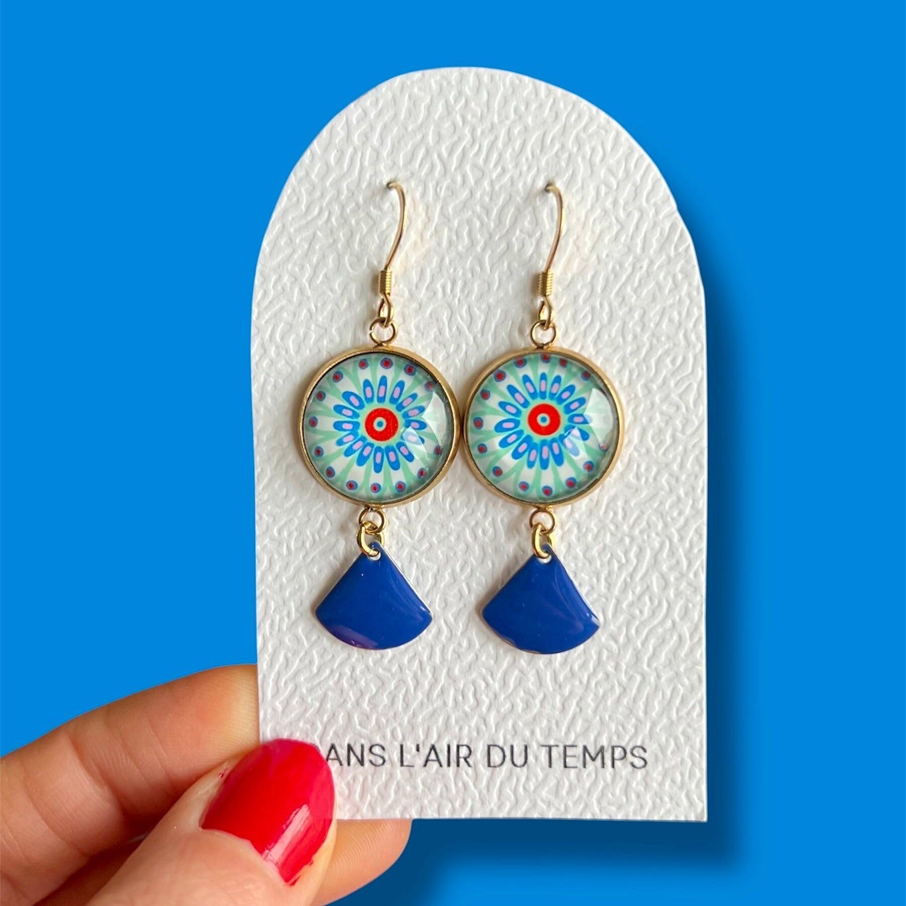 Ohrhänger mit blauem Mandala-Motiv, gold- oder silberfarben