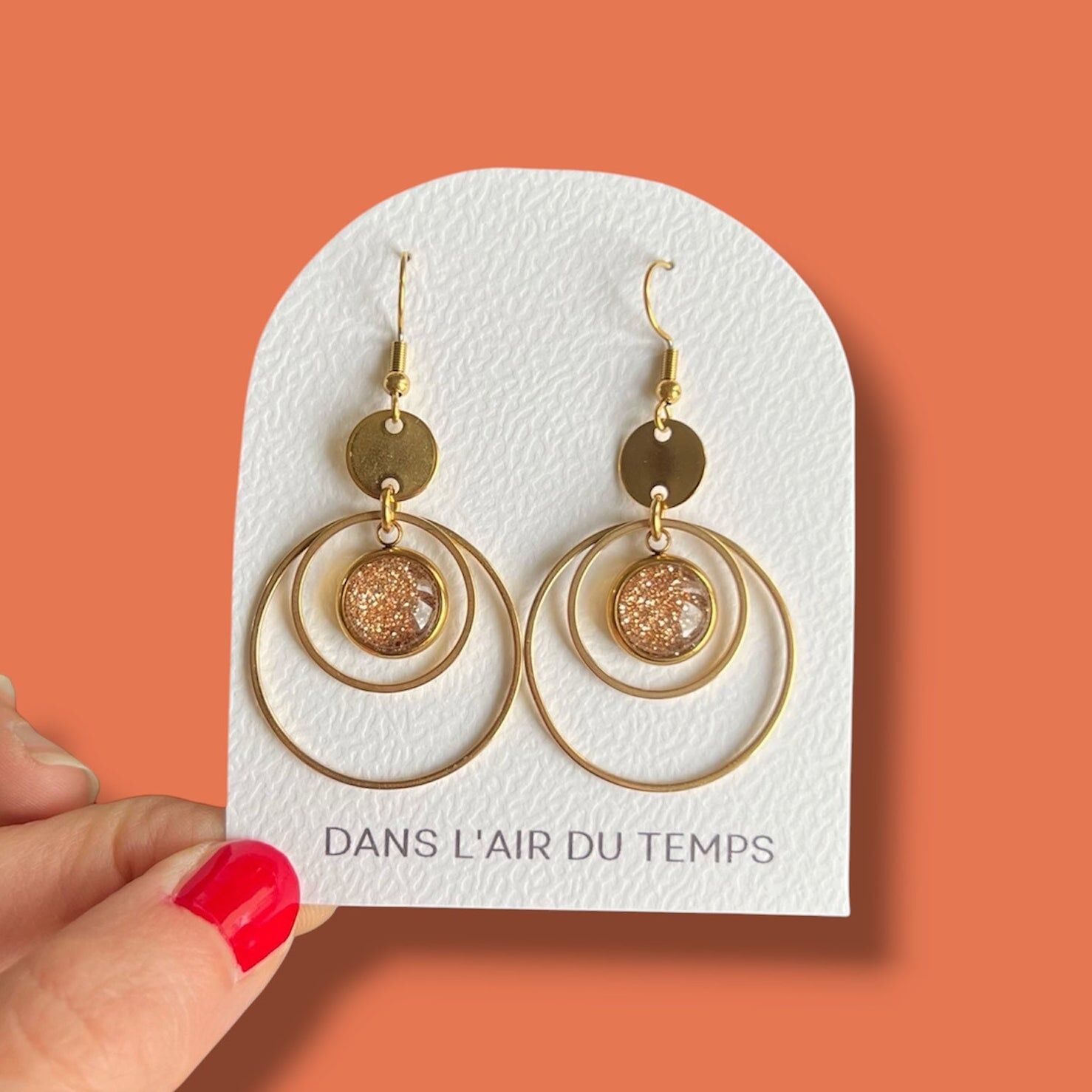 Boucles d'oreilles créoles double anneau paillettes dorées, finition dorée ou argentée