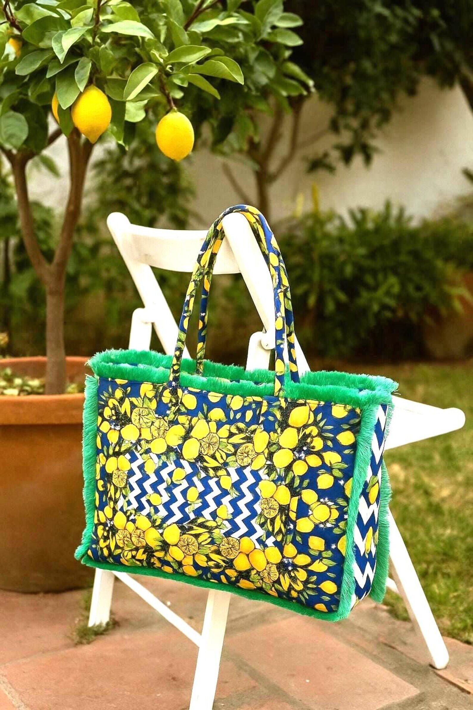 Handmade Recycled Cotton Lemon Print Tote Bag