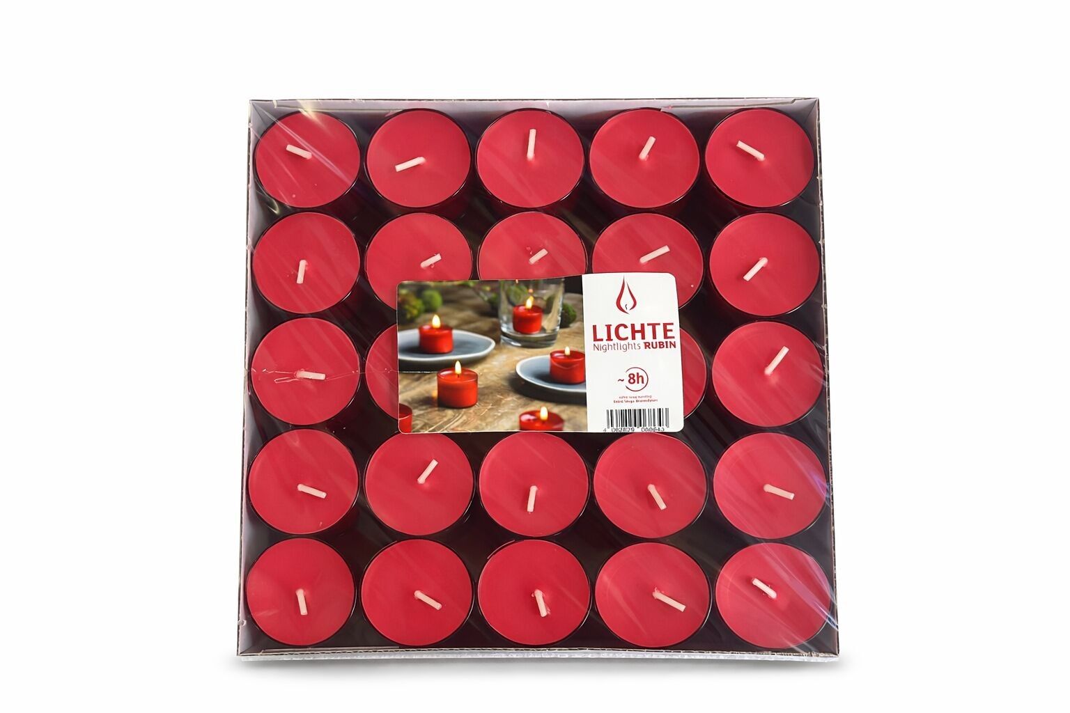 Candele tealight EDZARD 50 Nightlights, rosse, involucro in plastica rossa, durata di combustione ca.8 ore