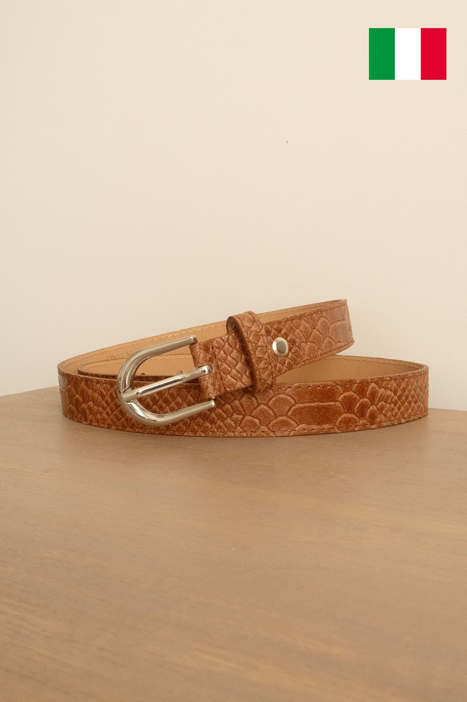 Damen-Ledergürtel mit Eidechsenmuster, 2,5 cm breit. Hergestellt in Italien. IT250-LZ-CAMEL