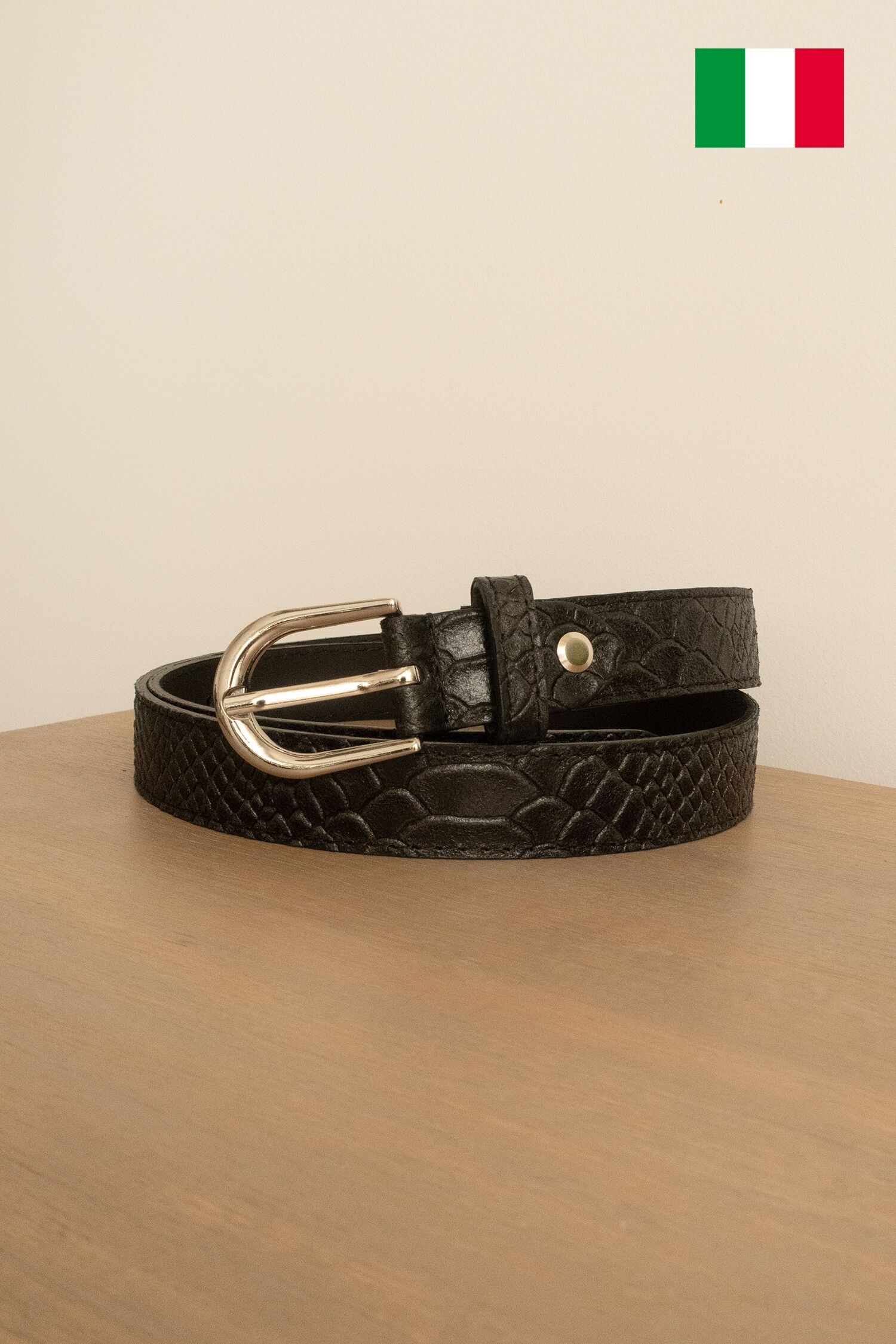 Damen-Ledergürtel mit Eidechsenmuster, 2,5 cm breit. Hergestellt in Italien. IT250-LZ-NOIR