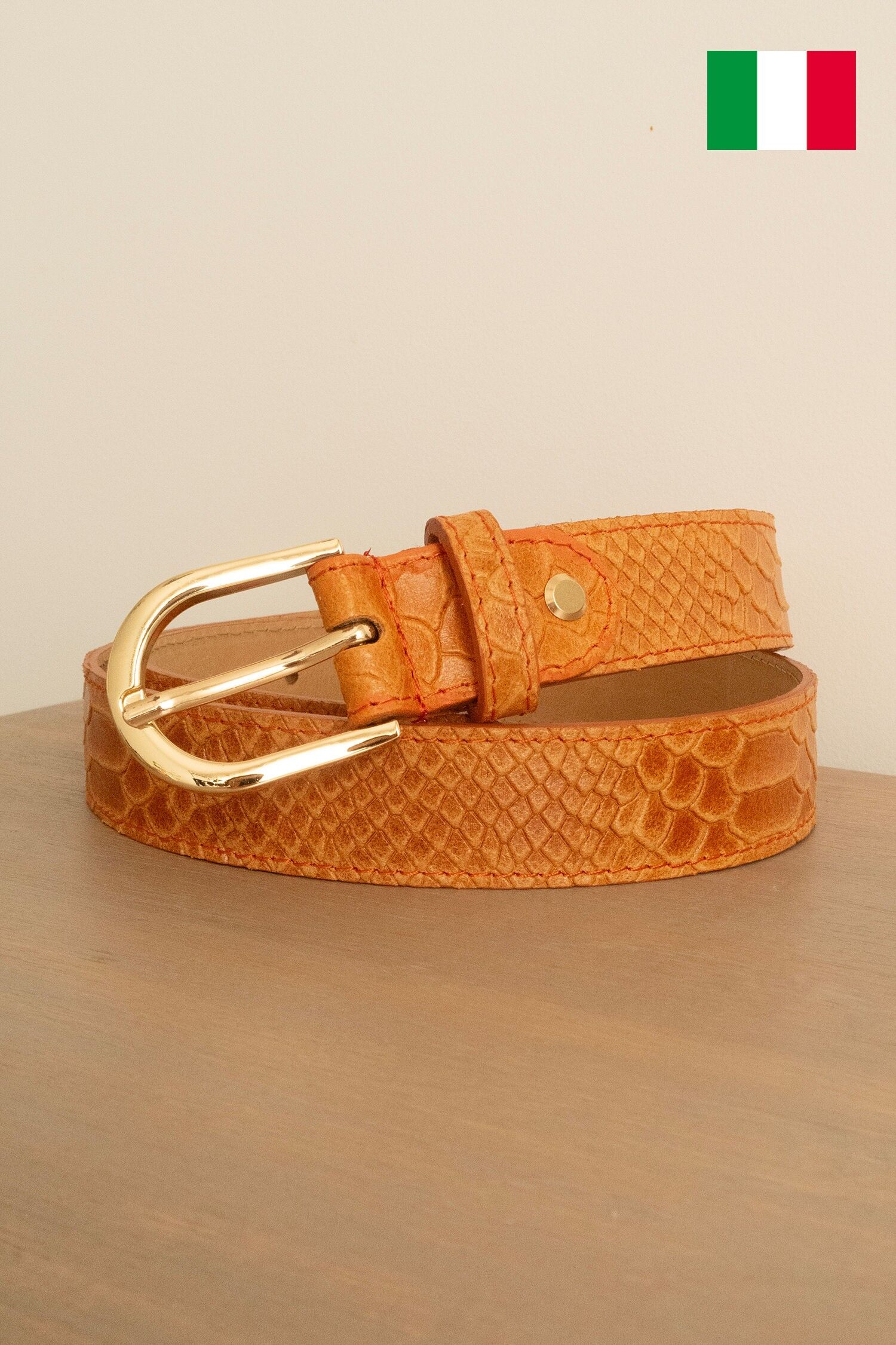 Damen-Ledergürtel mit Eidechsenmuster, 3 cm breit. Hergestellt in Italien. IT30-30-LZ-ORANGE