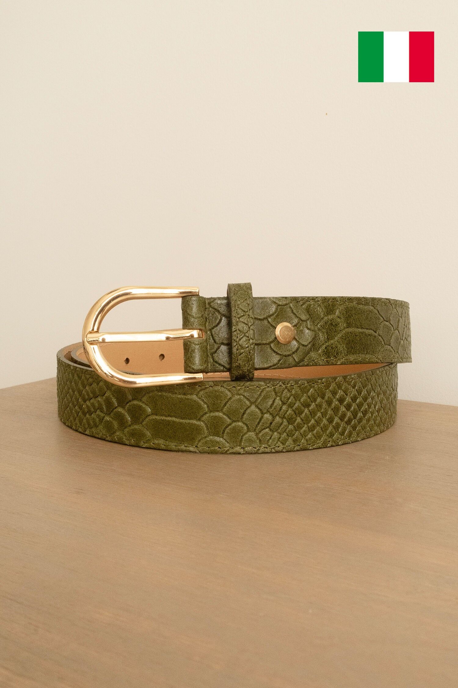 Damen-Ledergürtel mit Eidechsenmuster, 3 cm breit. Hergestellt in Italien. IT30-30-LZ-KAKI