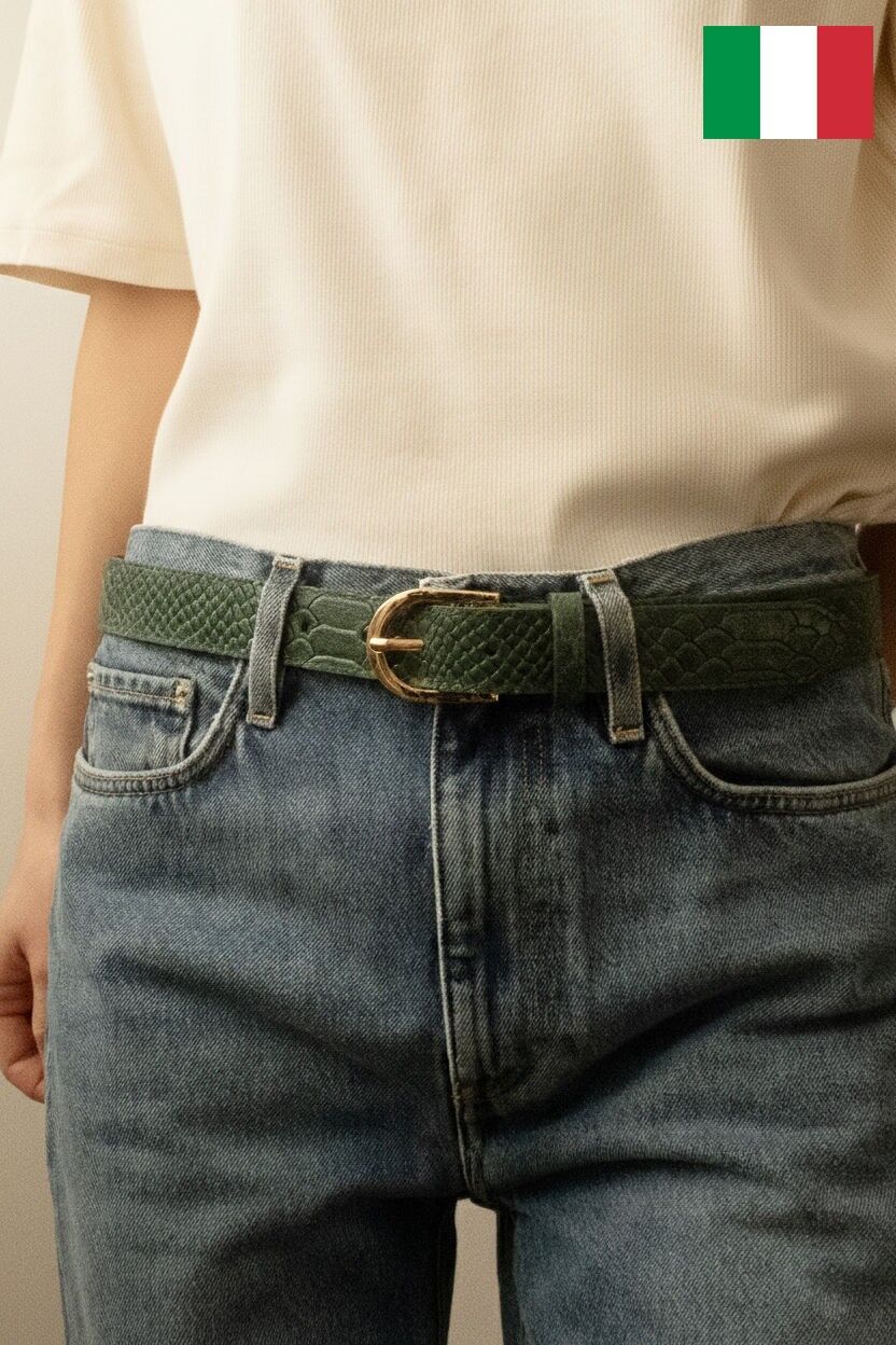 Cinturón de piel para mujer con estampado de lagarto, 3 cm de ancho. Fabricado en Italia. IT30-30-LZ-DRAWN-GREEN