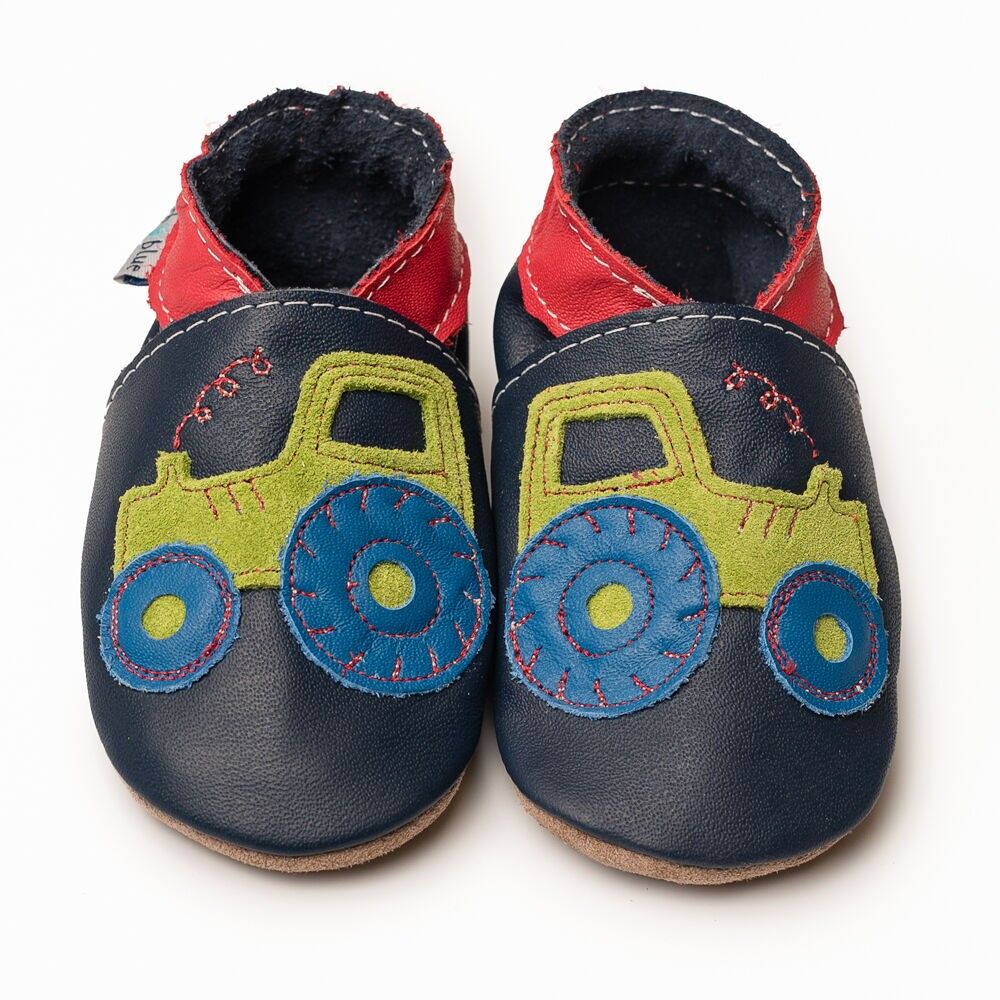 Chaussures en cuir Barefoot pour bébés et enfants, bleu marine, motif tracteur