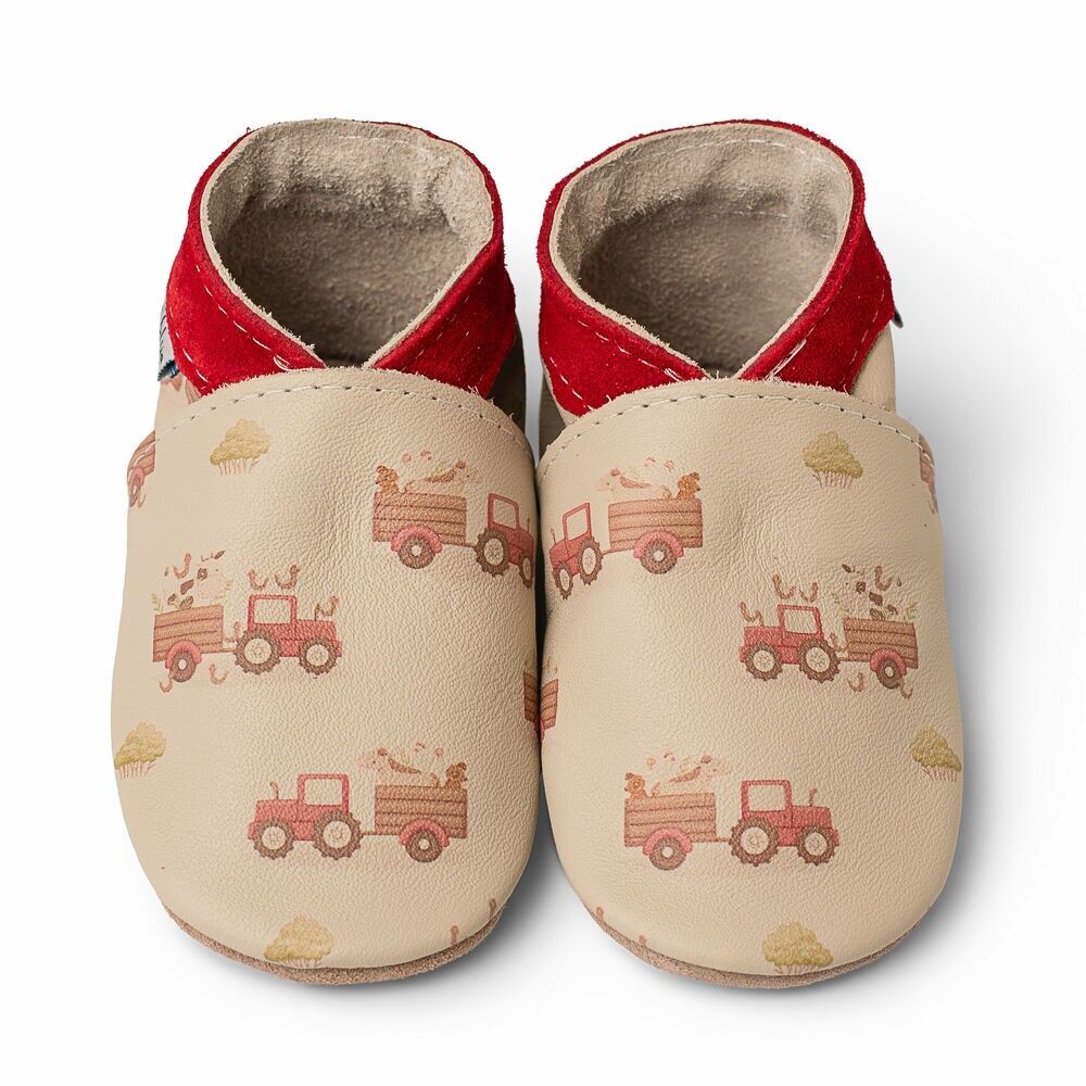 Chaussures en cuir Barefoot pour bébés et enfants, motif tracteur couleur crème