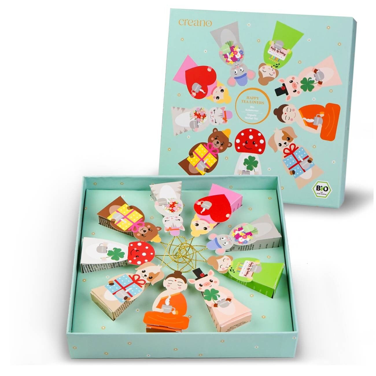 Creano Bio Kräutertee Geschenkset „Tea Lovers“ - 9 Pyramiden-Teebeutel in 9 niedlichen Figuren zum Verschenken - 22,5g - NEUHEIT 2025 *¹