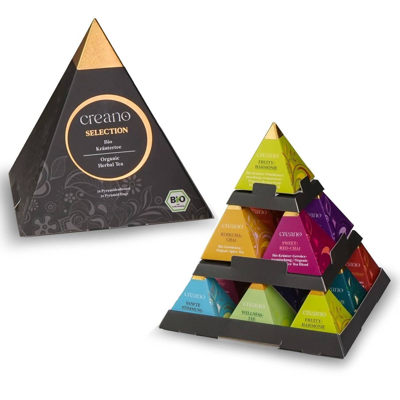 Creano Premium Bio Kräutertee Geschenkset „PYRAMIDE“ - 14 Pyramiden-Teebeutel in 9 unterschiedlichen Sorten - 35g - NEUHEIT 2025  *¹