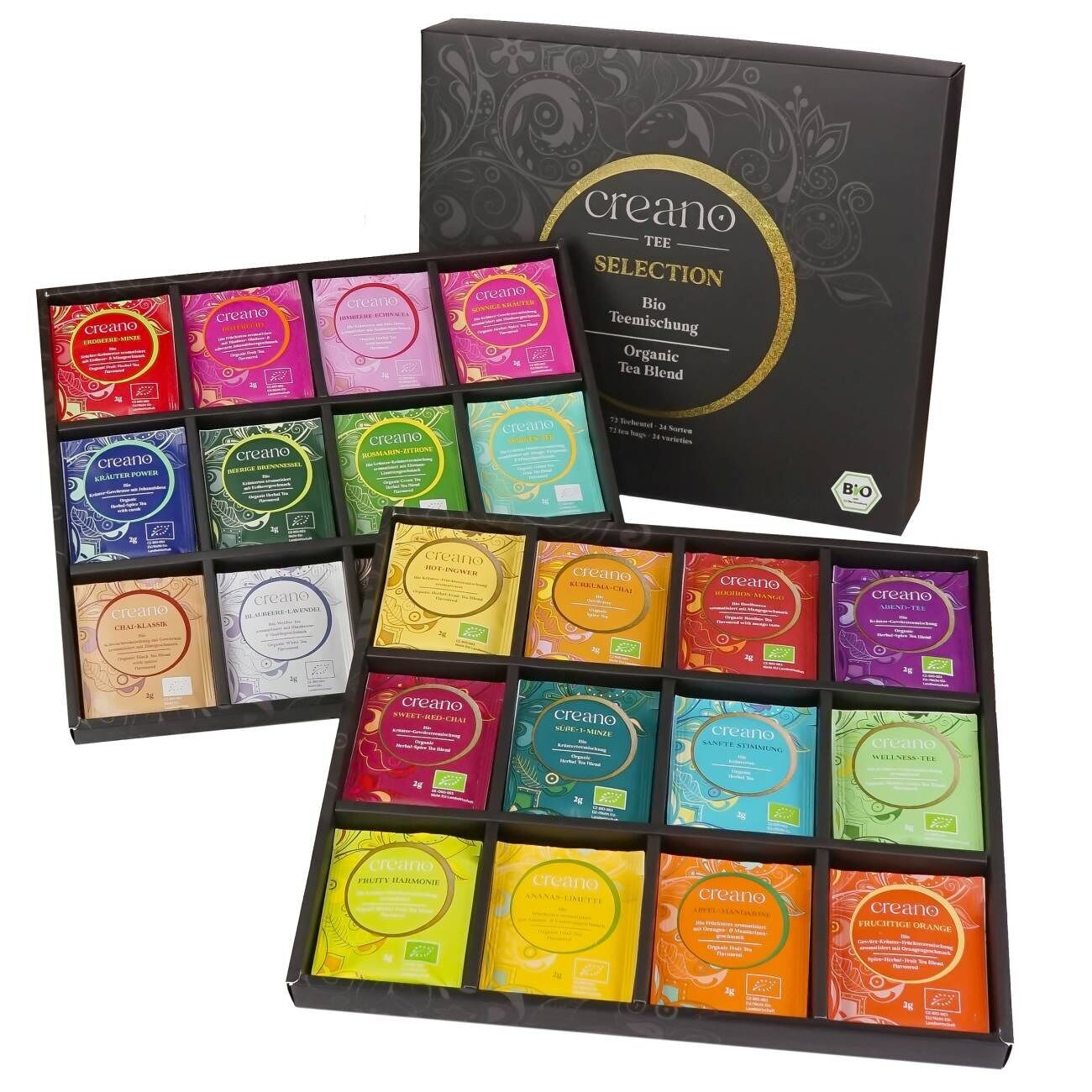 Creano Bio Kräutertee & Tee Geschenkset „WORLD OF TEA“ - 72 Teebeutel in 24 unterschiedlichen Sorten - 144g - NEUHEIT 2025  *¹