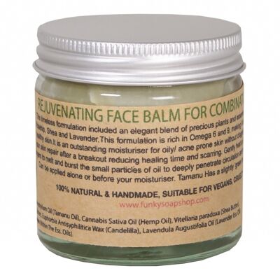 Bálsamo facial sólido rejuvenecedor para pieles mixtas, aceite de cáñamo y tamanu 100% puro