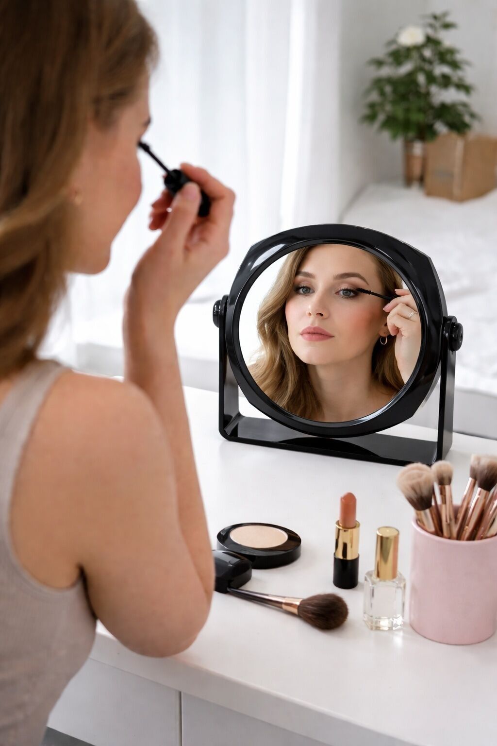 Black glossy table mirrors with one side zoom