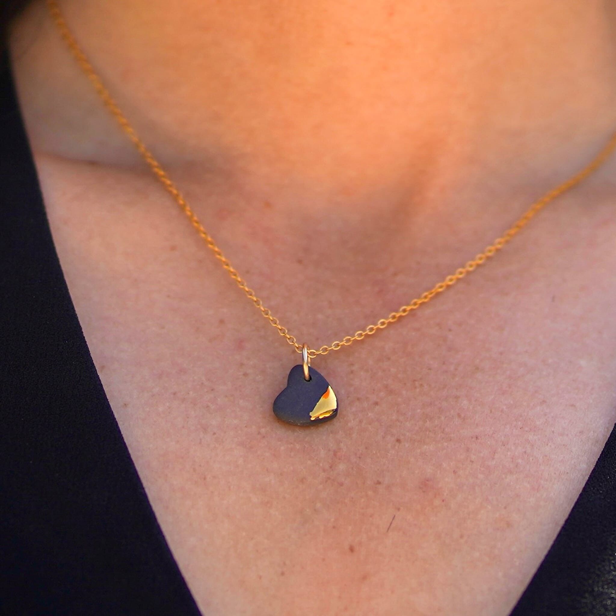 Small Heart Necklace – Black and Gold Porcelain