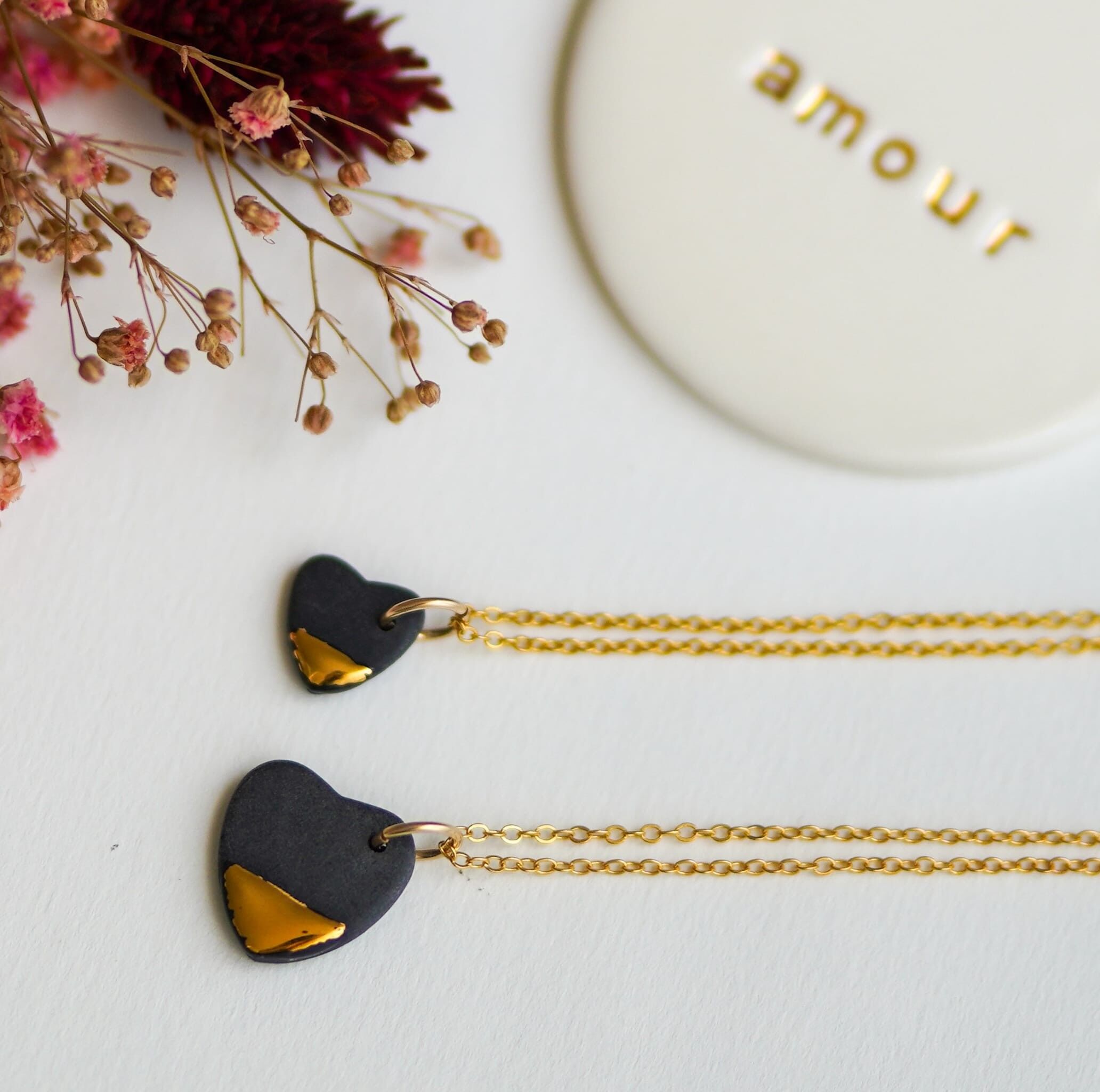 Large Heart Necklace – Black and Gold Porcelain