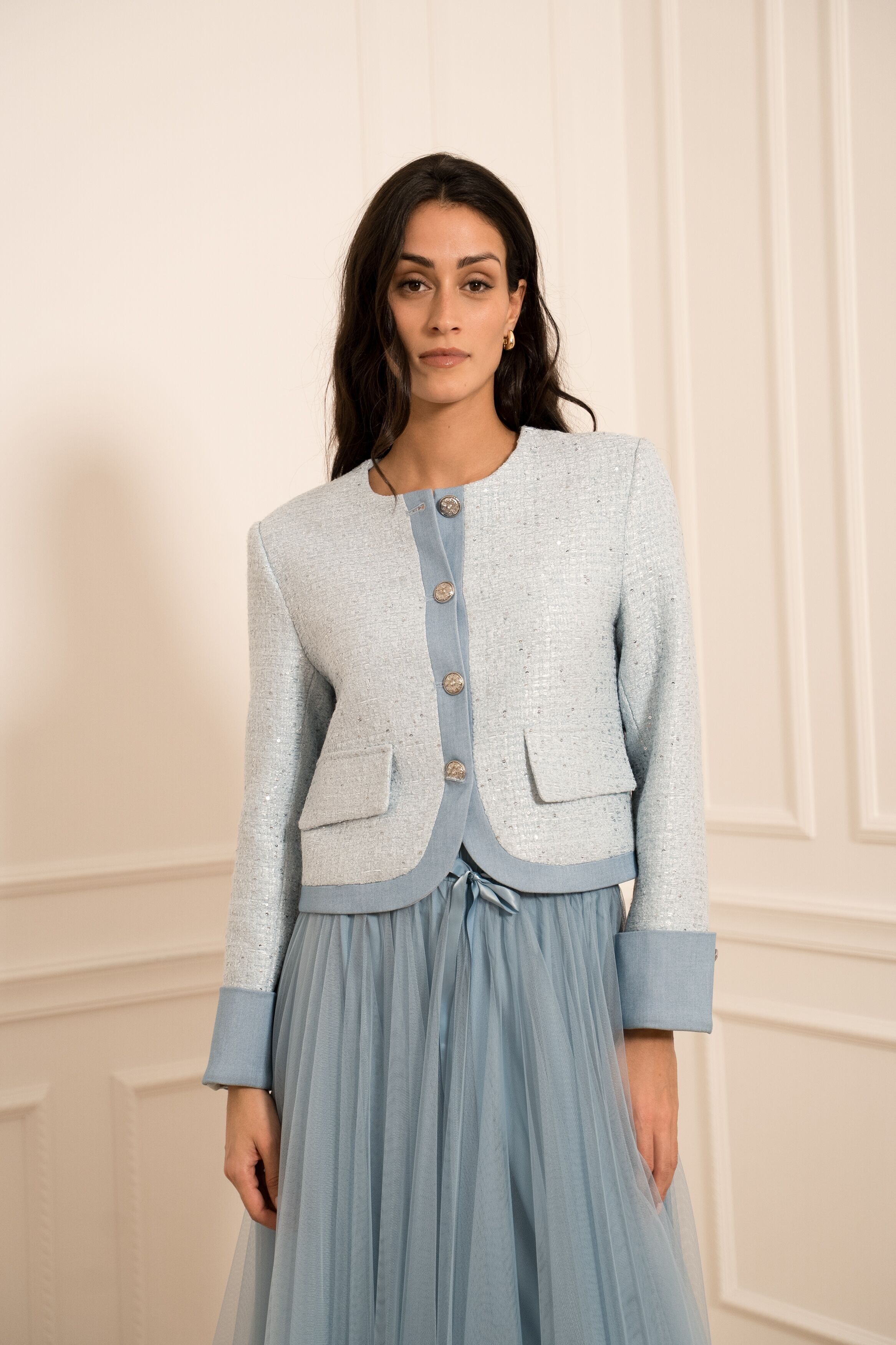 Rundhals-Jacke aus Tweed und Jeans - CK08552