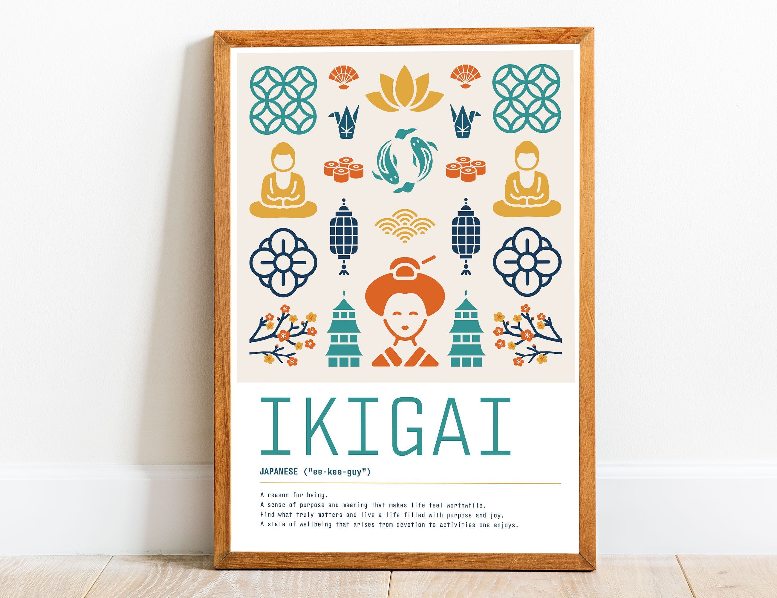 Definizione di stampa IKIGAI, stampa IKIGAI, citazione IKIGAI, arte murale giapponese, definizione di stampa giapponese, stampa giapponese, arredamento giapponese per la casa