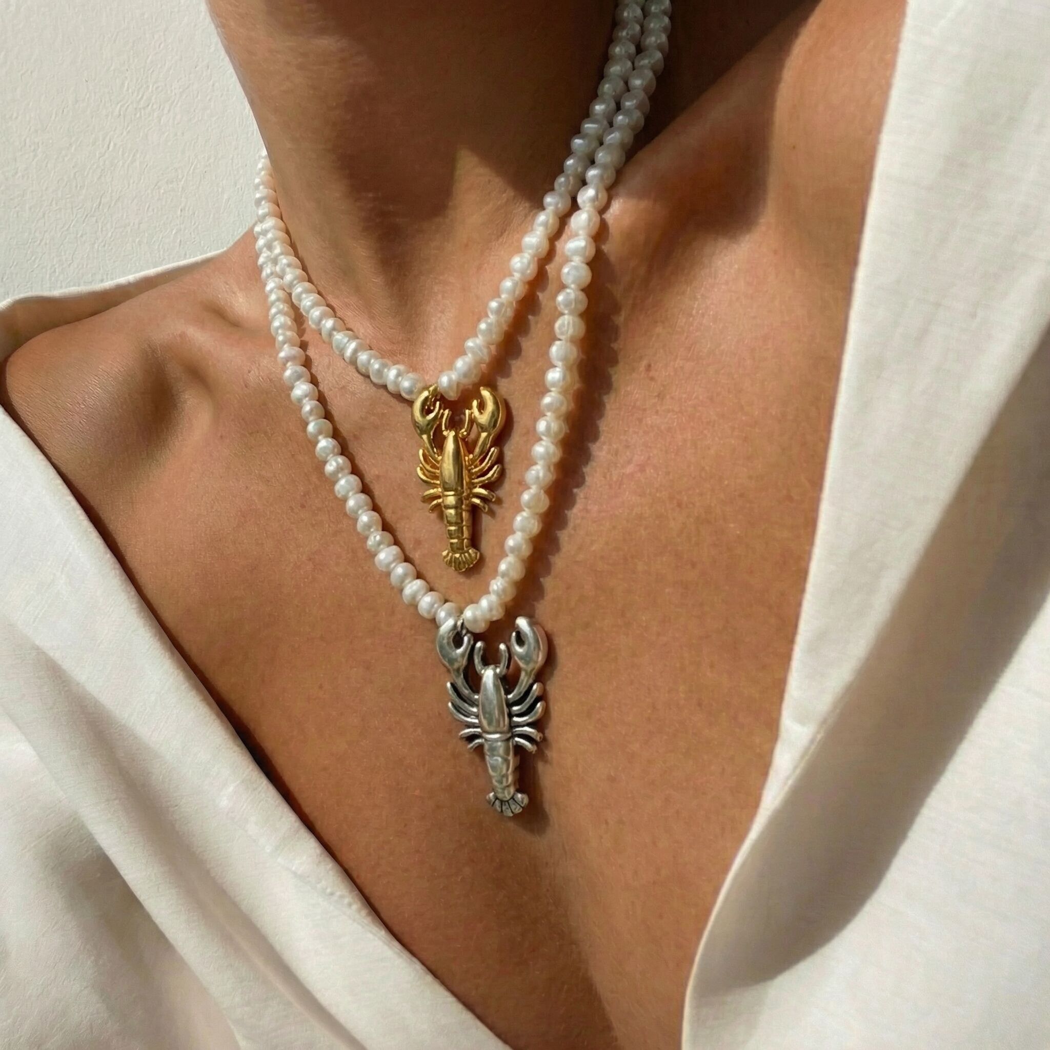 Shell Pearl Necklace with XL Gold or Silver Lobster Charm