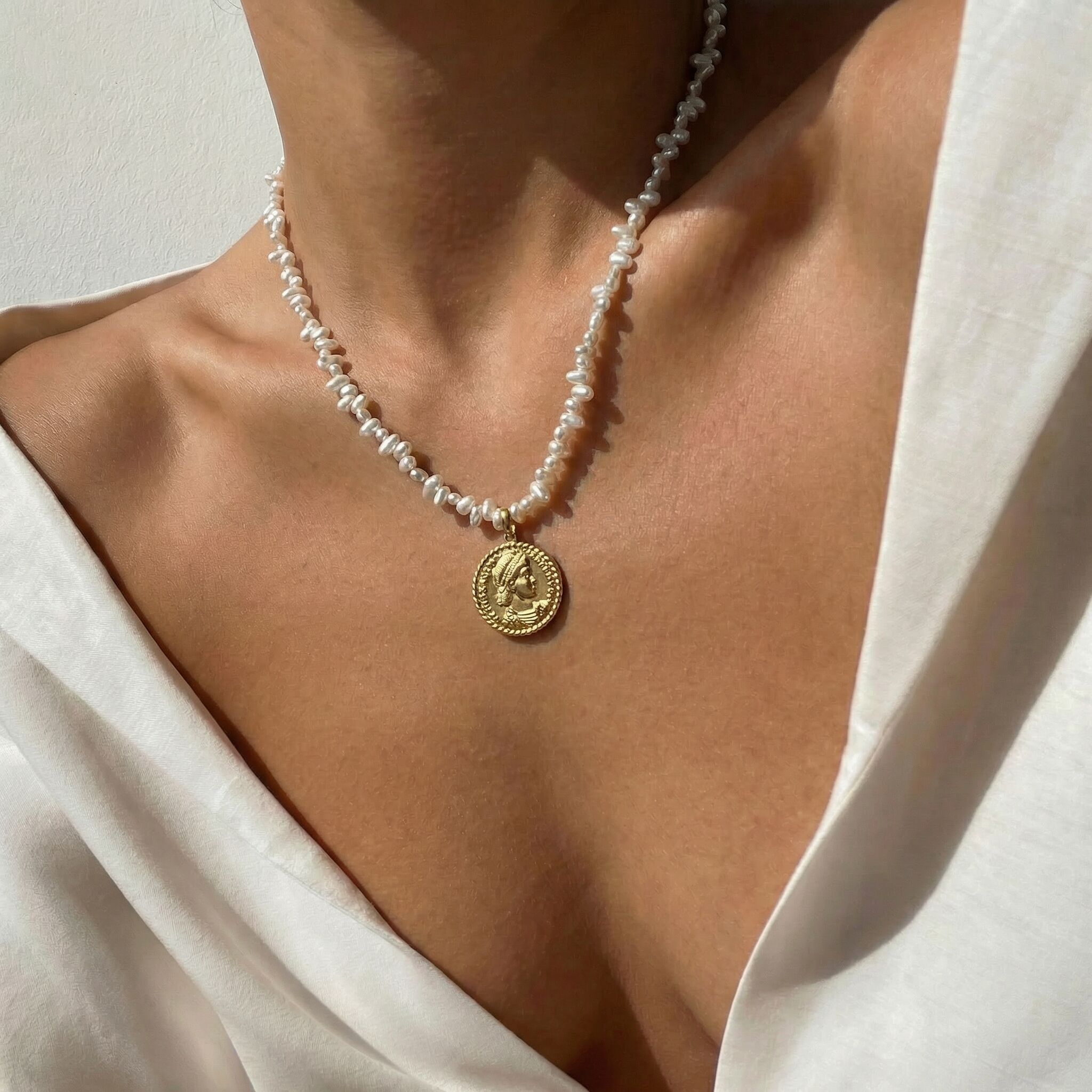Resort Shell Pearl Necklace with Vintage Coin Charm