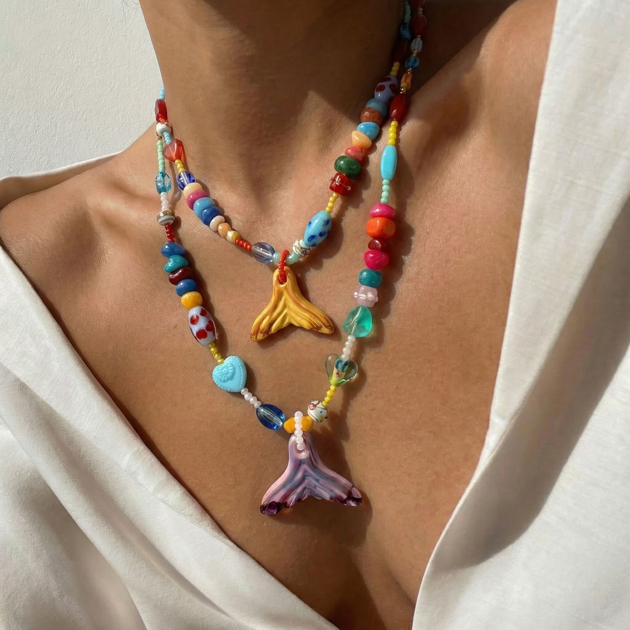 Yellow or Pink Mermaid Tail Colorful Beaded Necklace