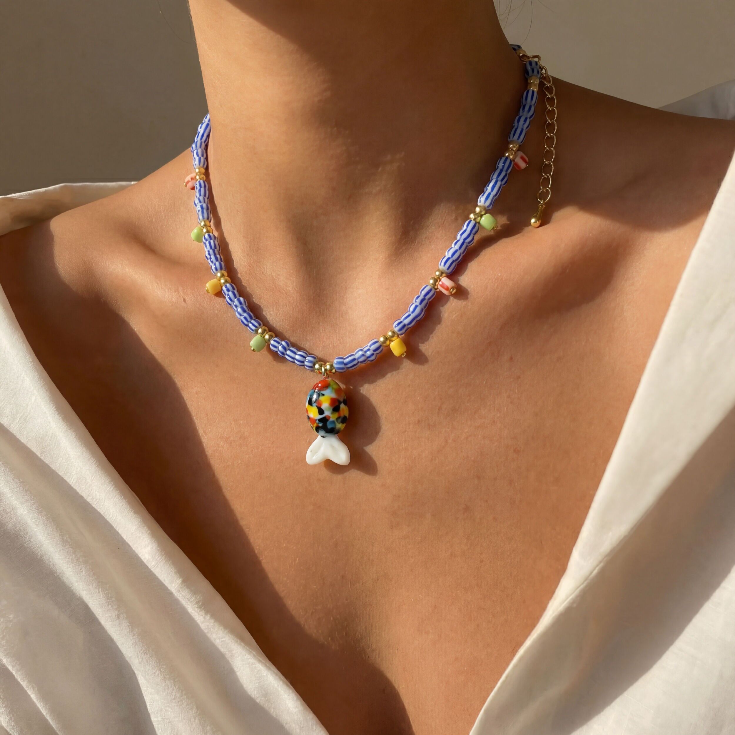 Blue Beaded Multicolored Fish Charm Necklace