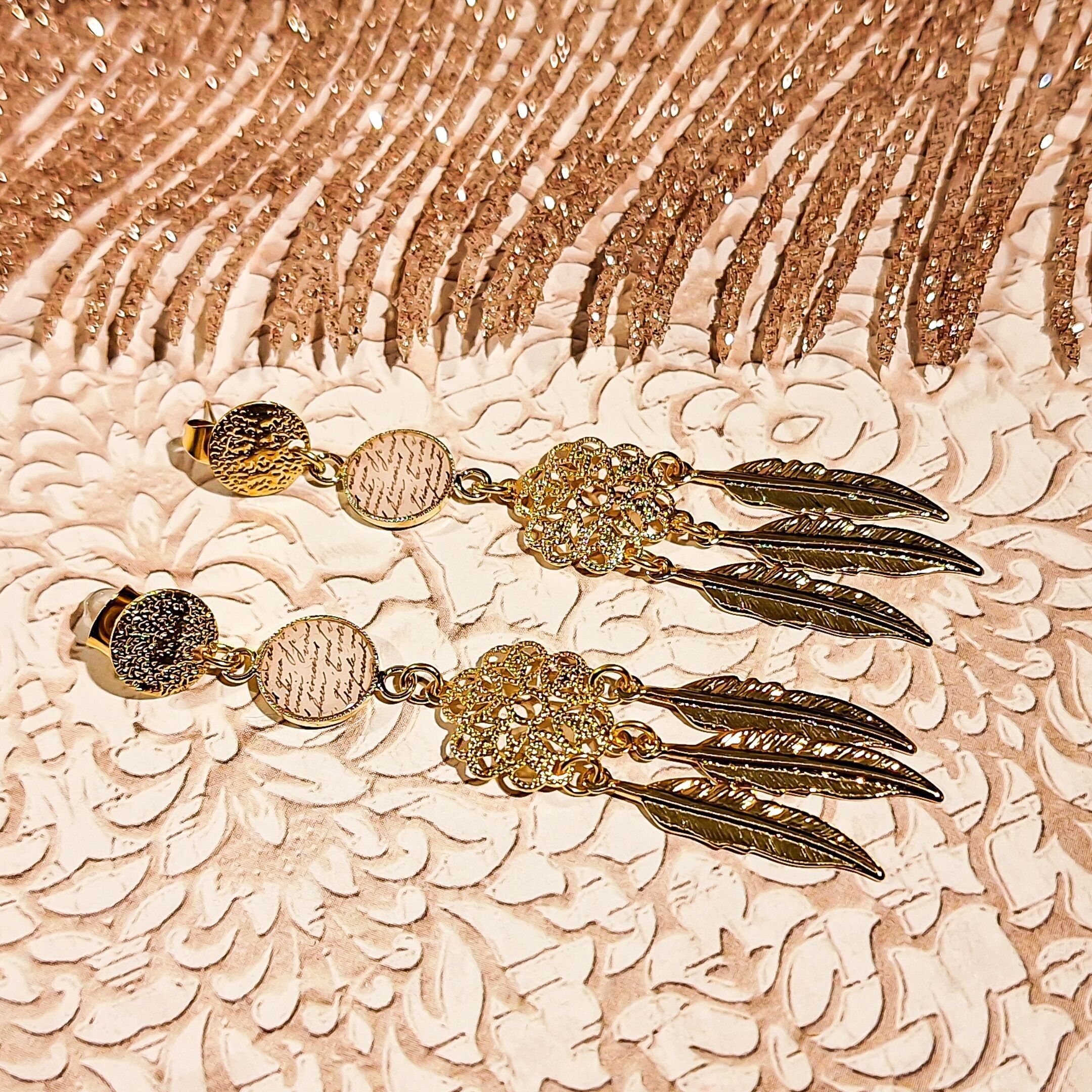 Boucles bohème plumes fleur resine Bijou acier inoxydable Fête des mères Cadeau Maman Noël