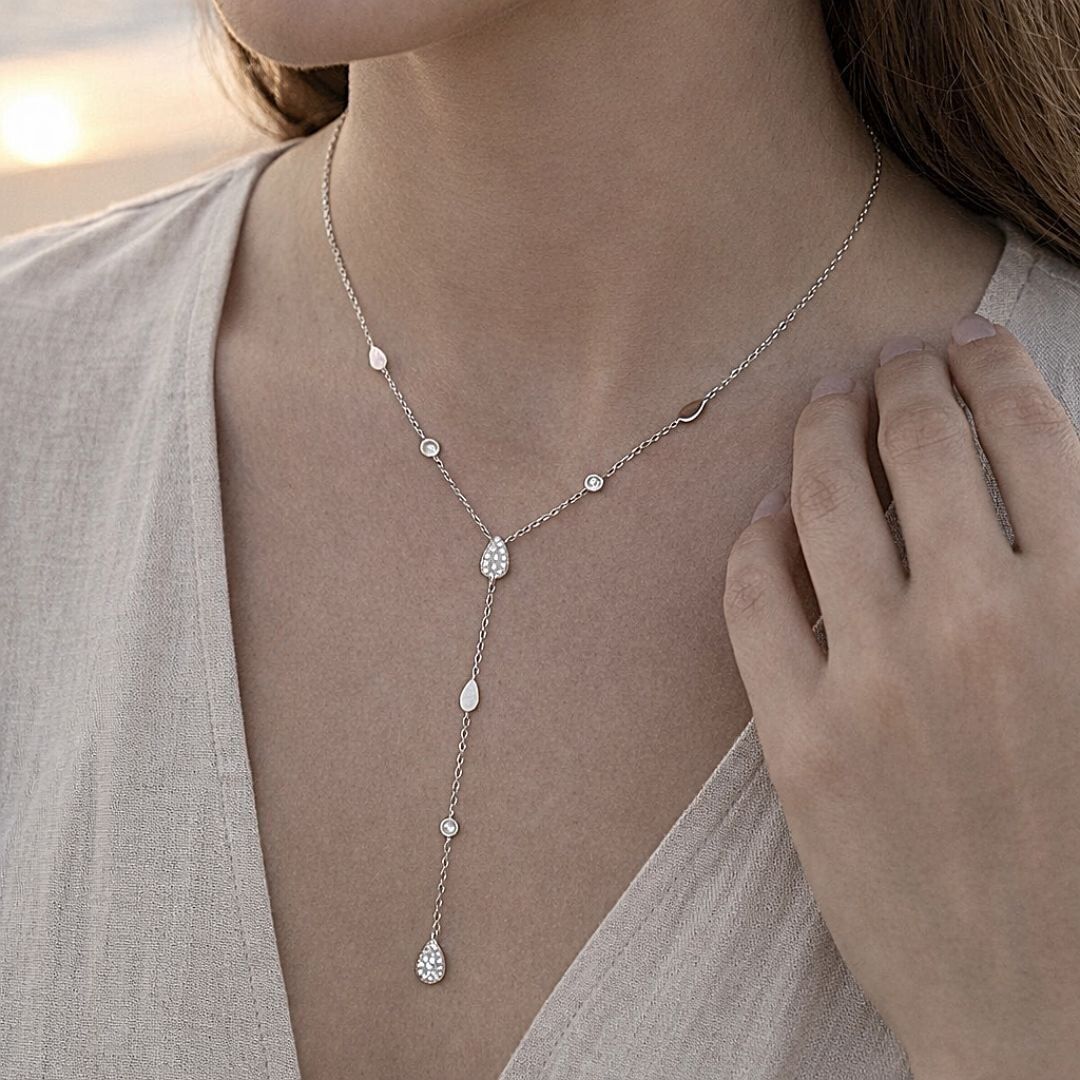 Collier Y acier inoxydable avec pampilles goutte et strass