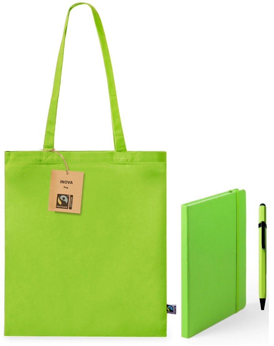Set bestehend aus Baumwolltasche, Notizbuch und neonfarbenem Metallic-Stift