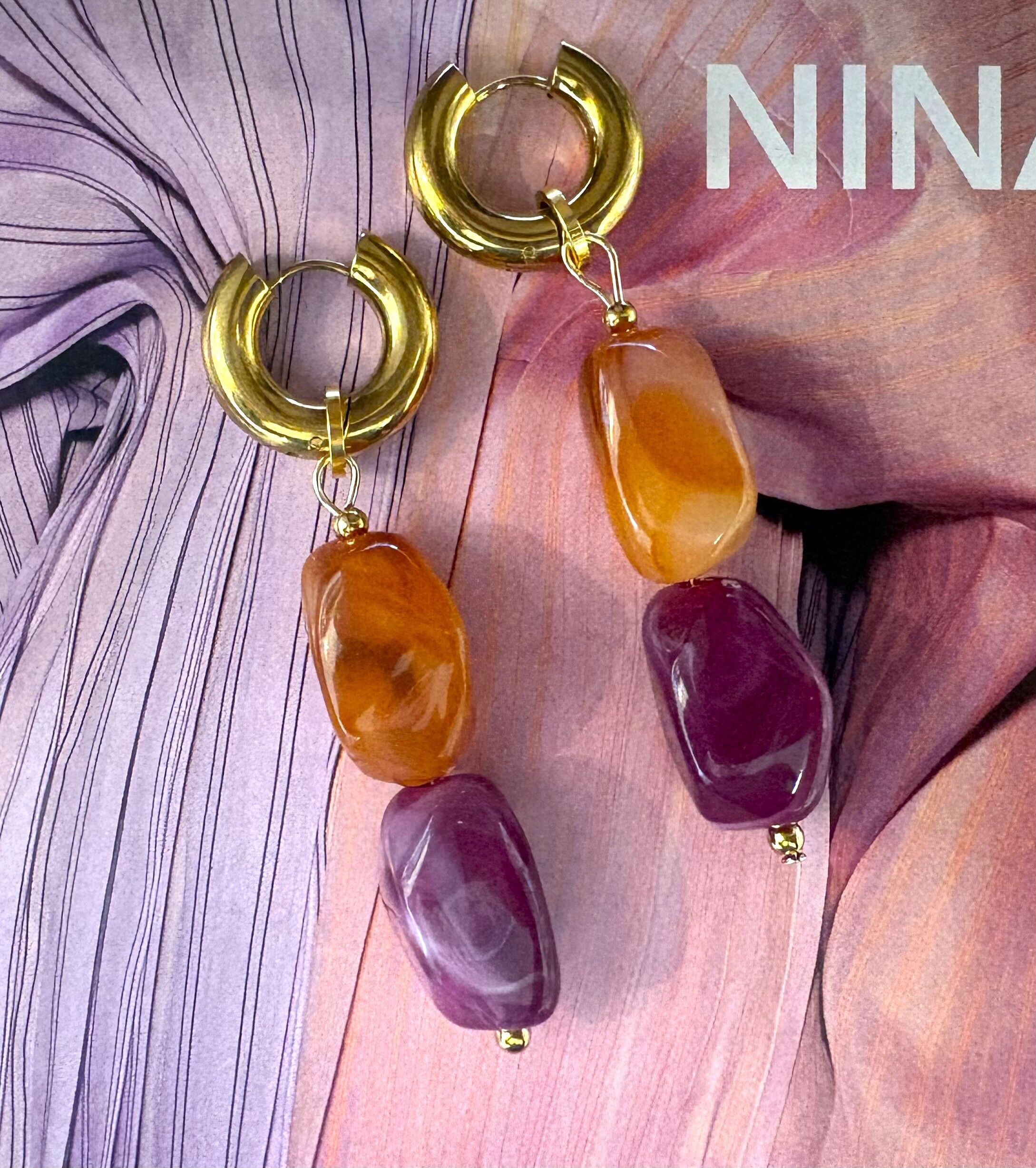 Earrings with purple and cognac acrylic beads
