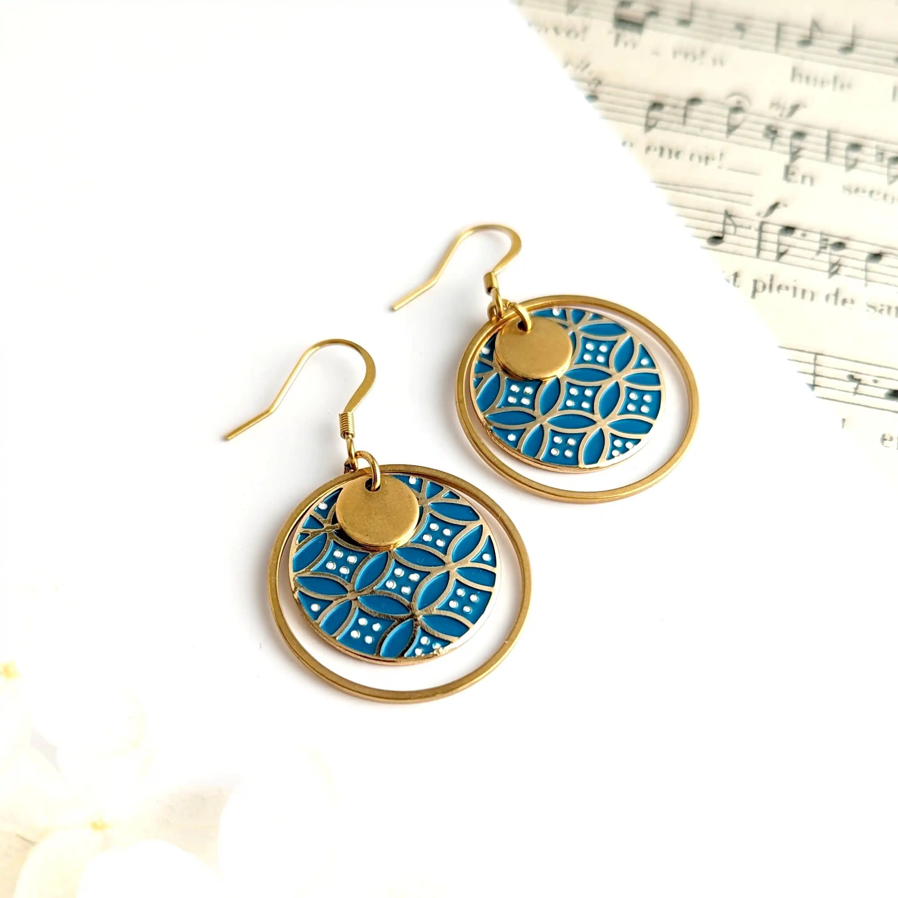 Brass and enamel earrings - Japanese ellipses - For women