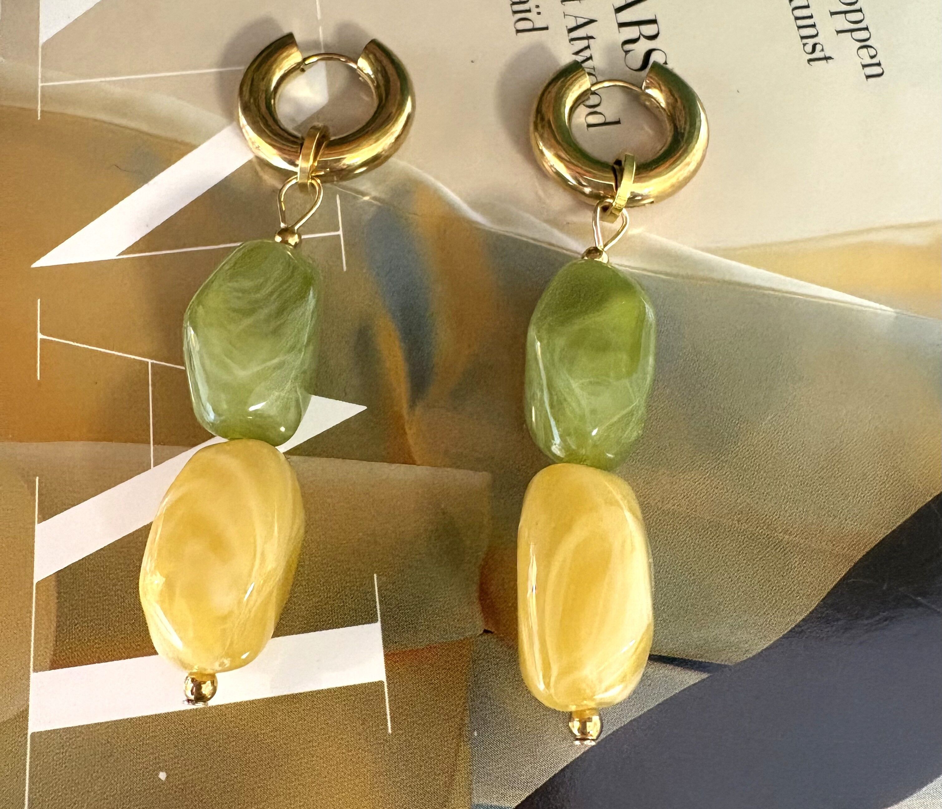 Earrings with green and yellow acrylic beads
