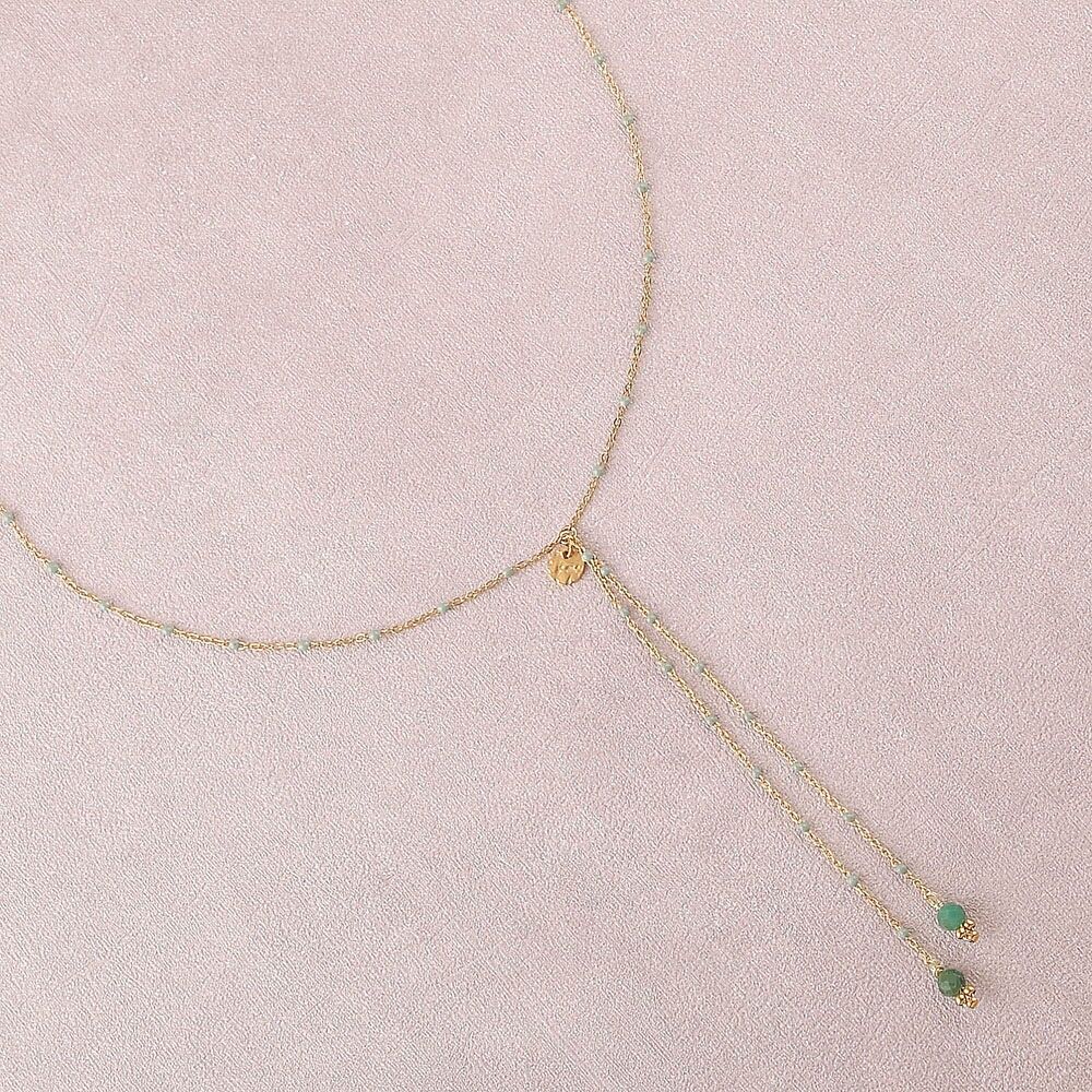 Collier Y - chaîne émaillée, pierres naturelles, pastille ronde texturée