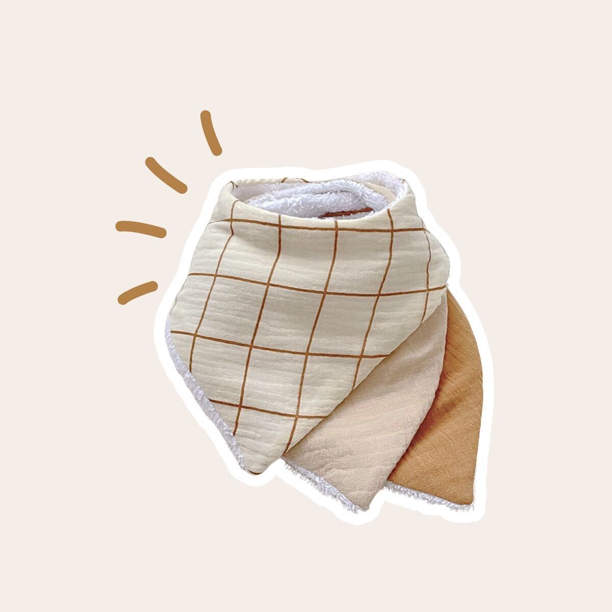 Lot de 3 mini bavoirs bandana dentition en coton bio uni carreaux camel - camel - beige