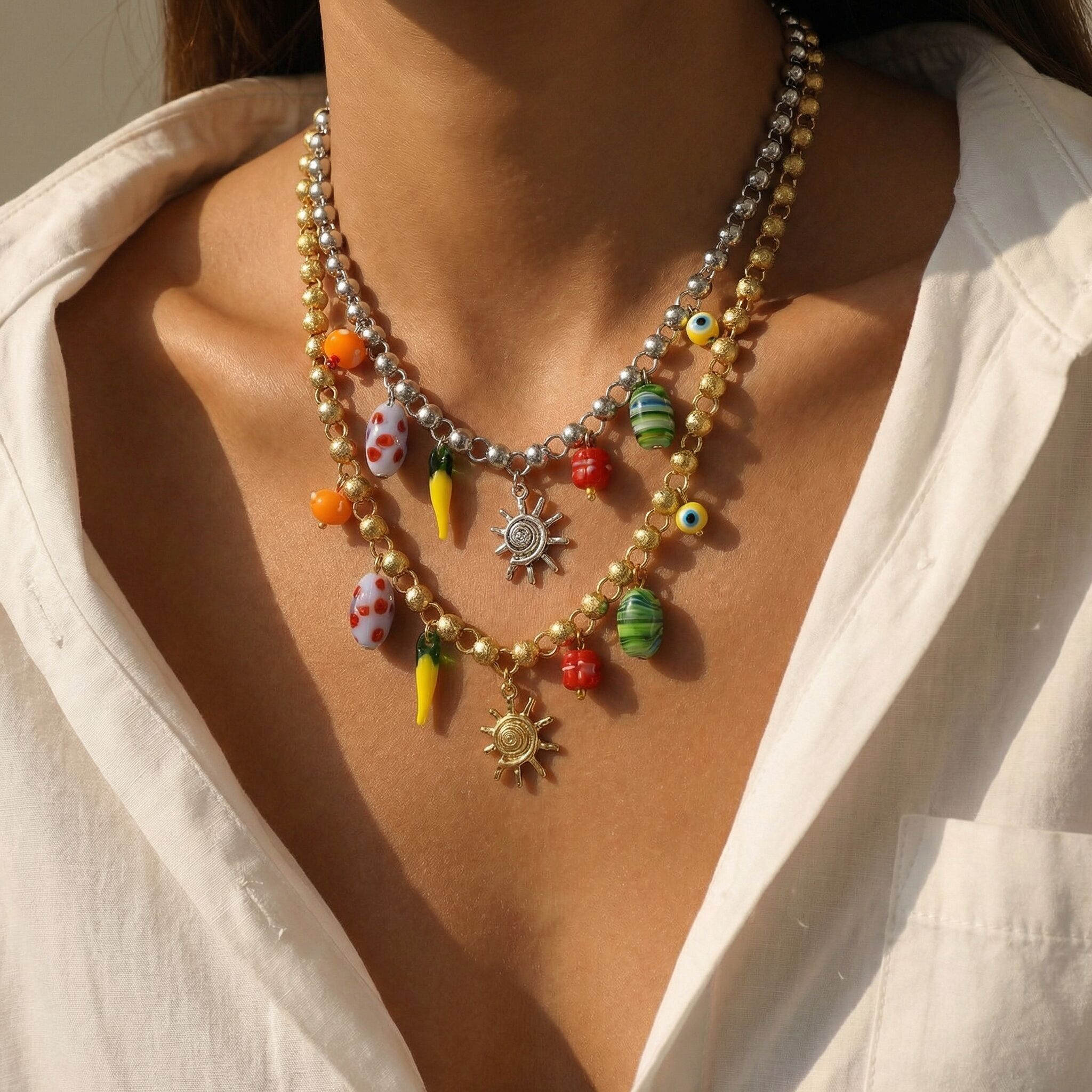 Layered Sun & Chili Multi Charm Summer Necklaces